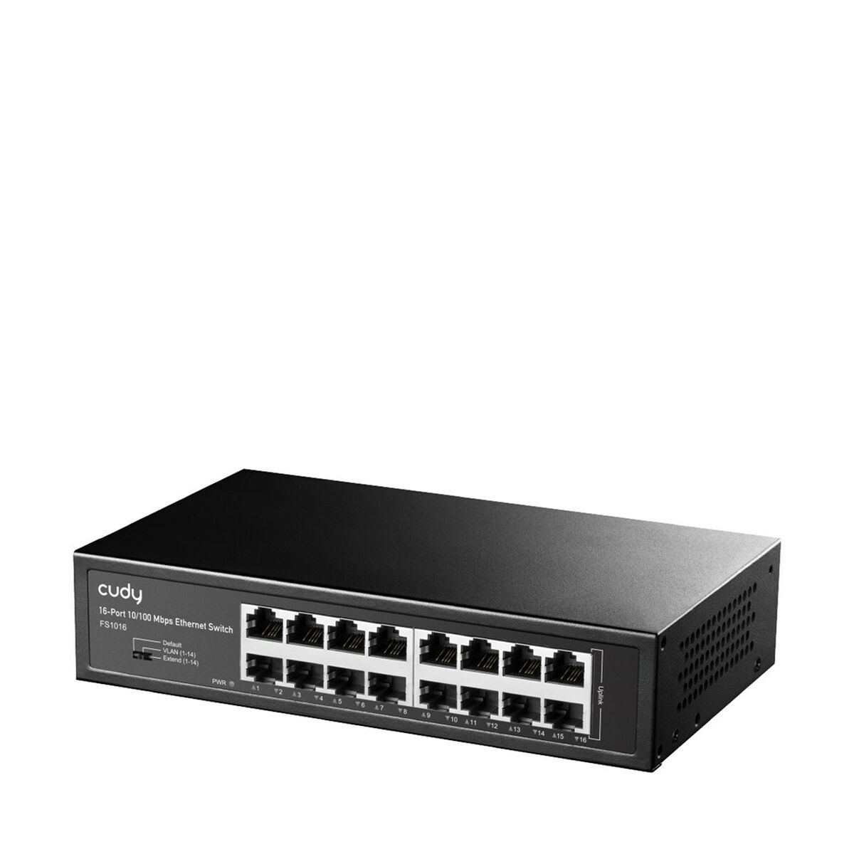 Ön panelinde portları ve LED'leri bulunan siyah 16 portlu Ethernet anahtarı.