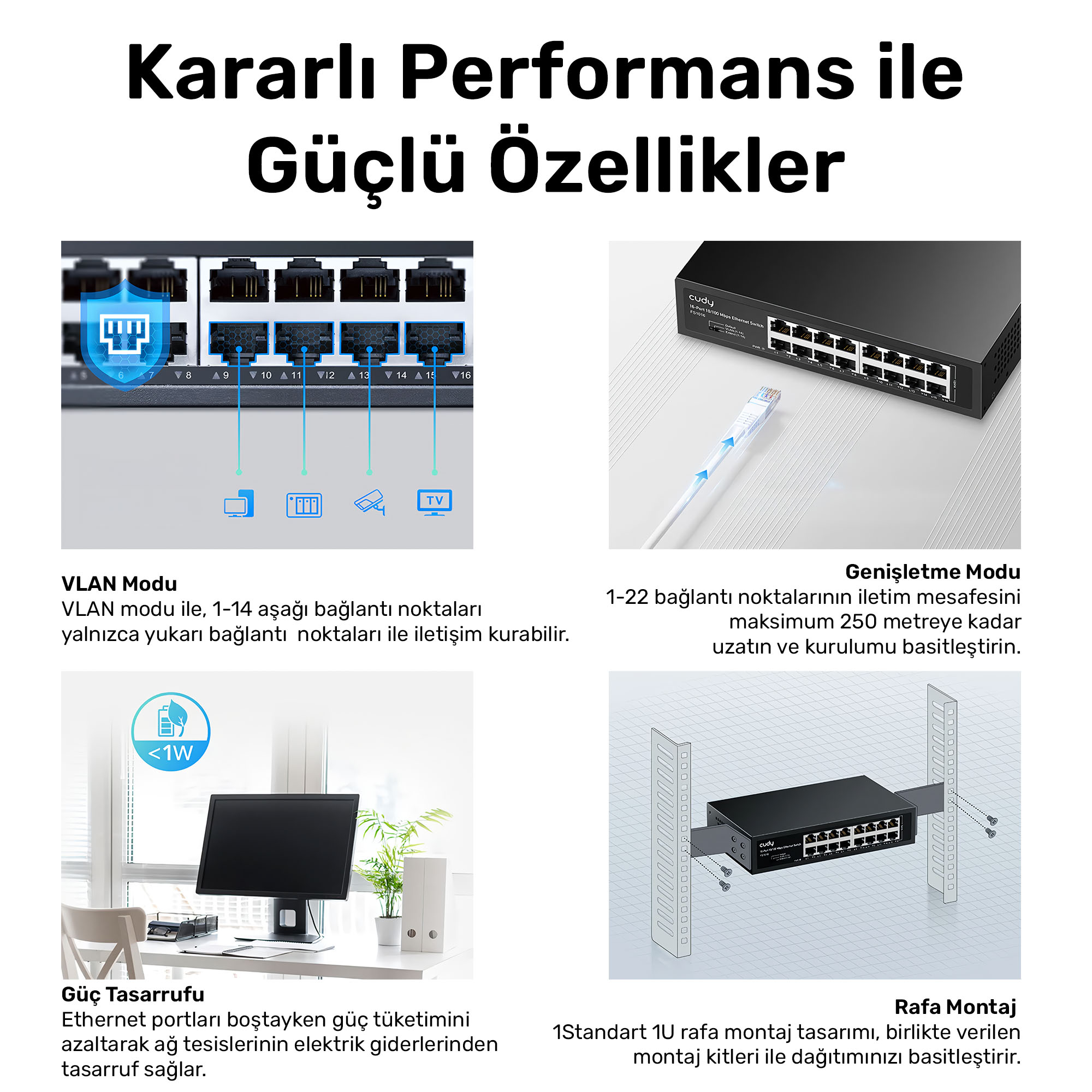 Ethernet portlu, rafa monte edilebilen ve güç tasarrufu sağlayan ağ anahtarı.