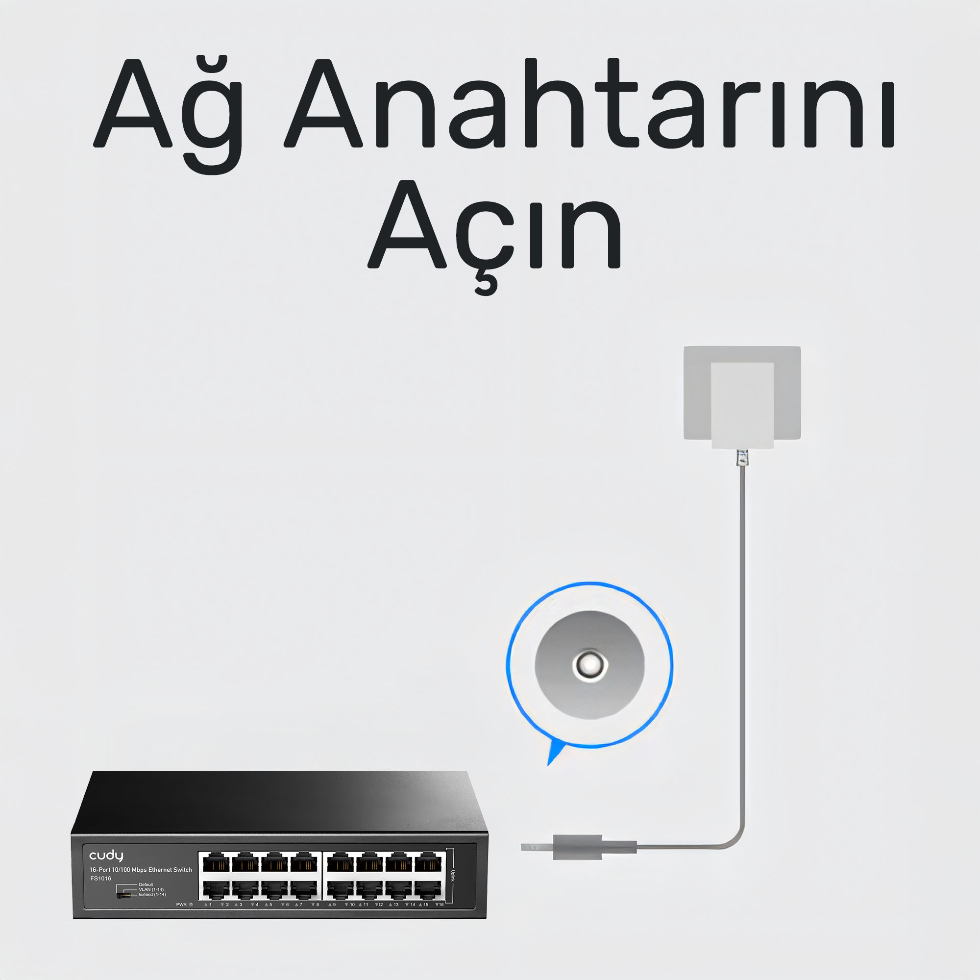 Etiketleri ve ışıkları olan siyah 16 portlu Ethernet anahtarı.