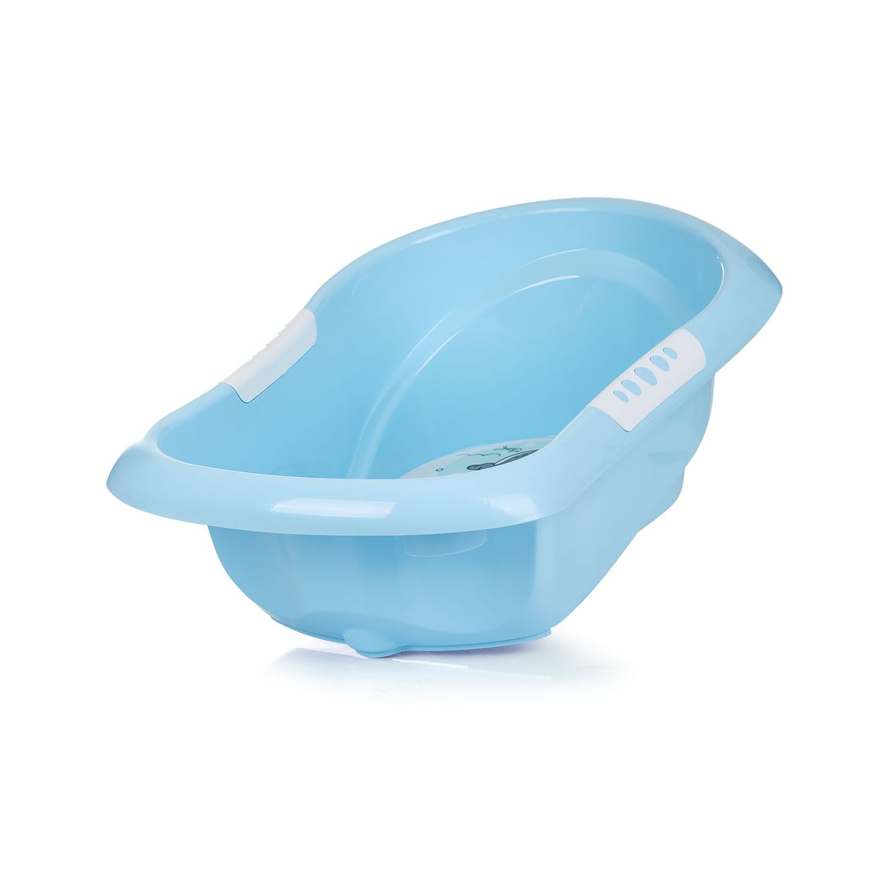 Eine hellblaue Babybadewanne auf weißem Hintergrund.