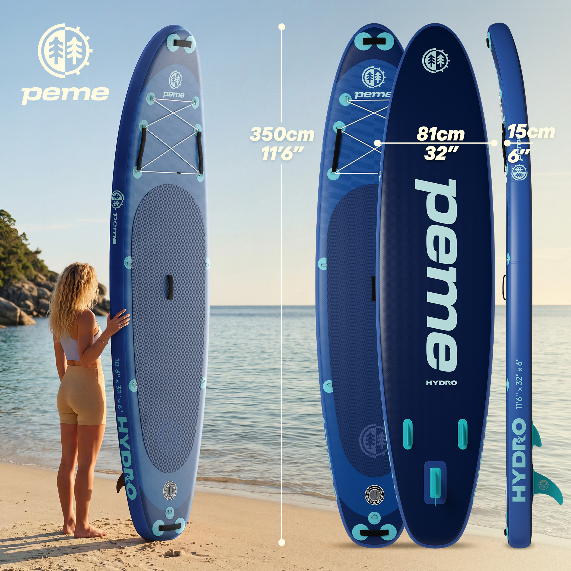 Eine Frau steht am Strand neben einem blauen aufblasbaren Stand-Up-Paddleboard.