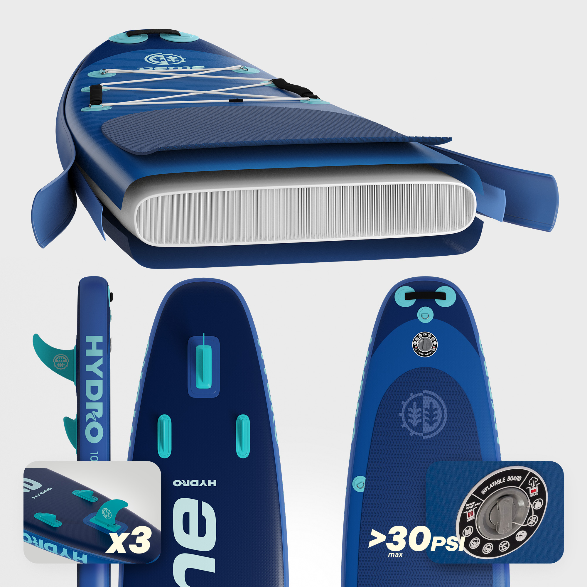 Collage eines blauen aufblasbaren Paddelboards. Zeigt Draufsicht, Seitenansicht und Flossendetails.