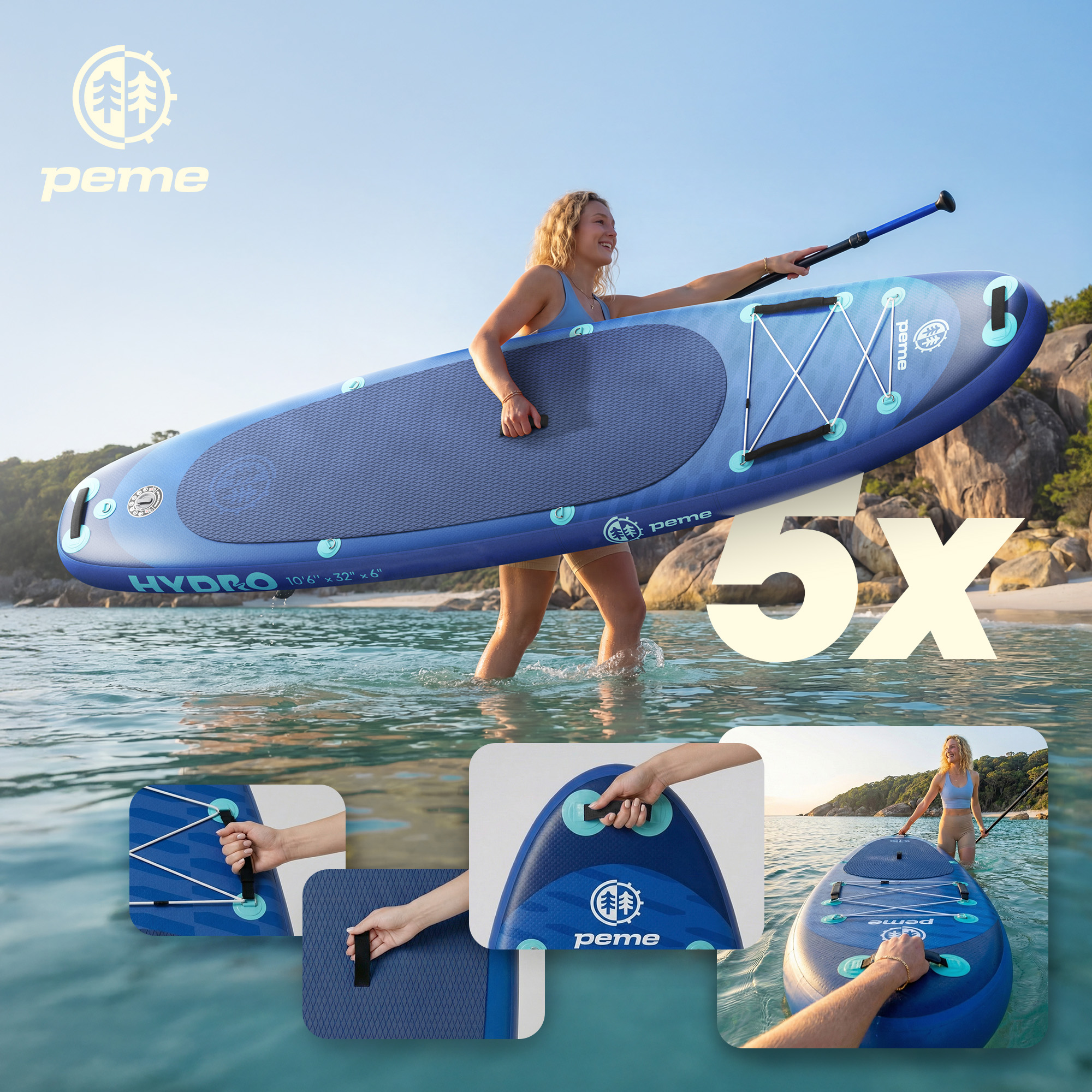 Frau hält ein blaues Paddleboard im flachen Wasser, Strand und Felsen im Hintergrund.