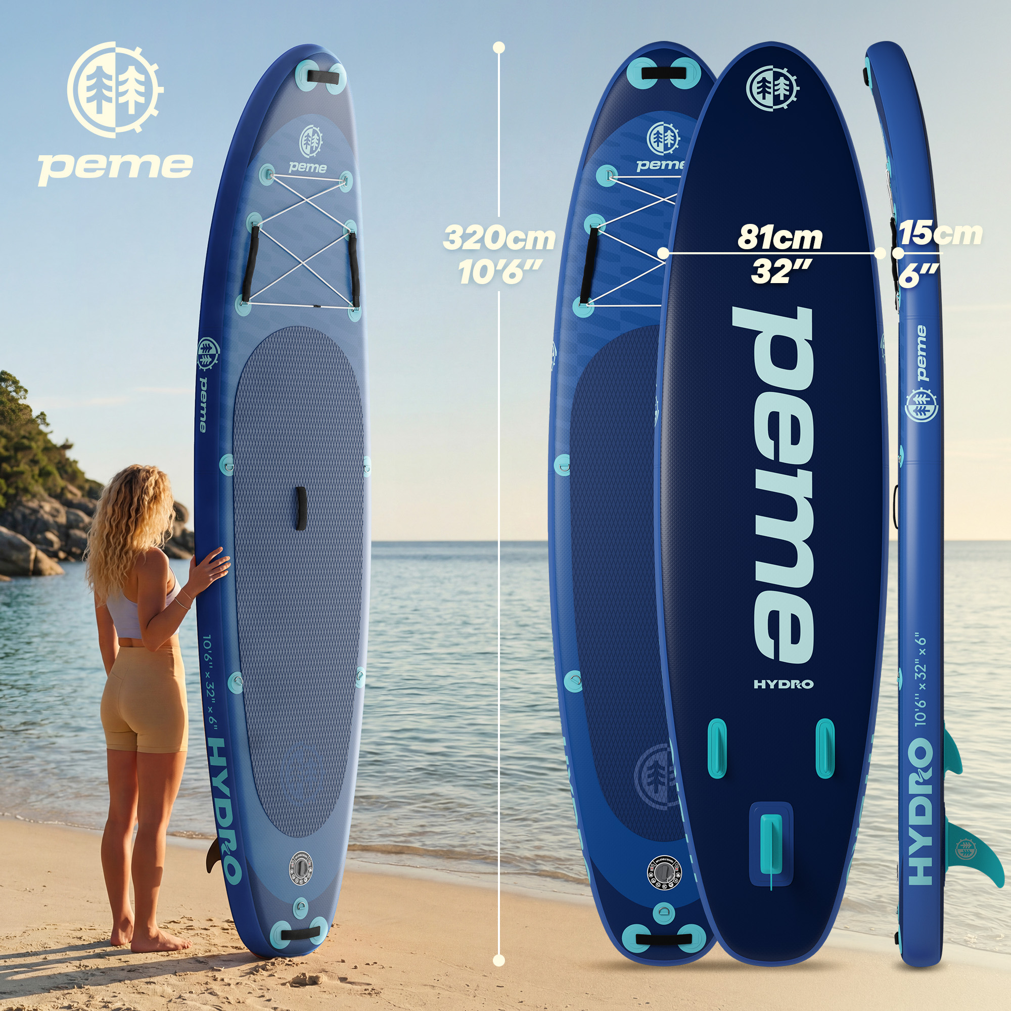 Ein Mann steht am Strand neben einem blauen aufblasbaren Stand-Up-Paddleboard.