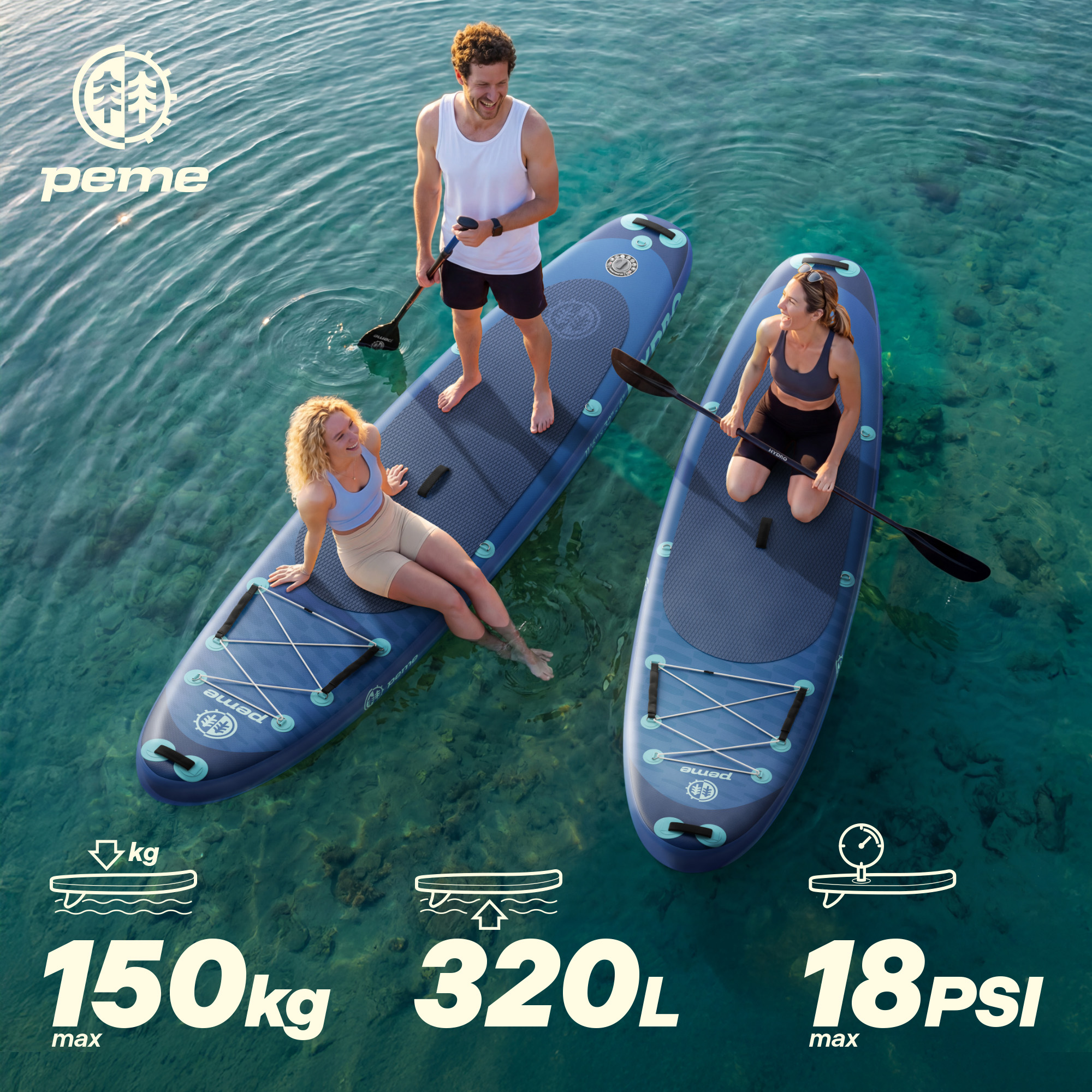Zwei Personen auf Stand-Up-Paddleboards im türkisfarbenen Wasser. Max 150kg, 320L, 18PSI.