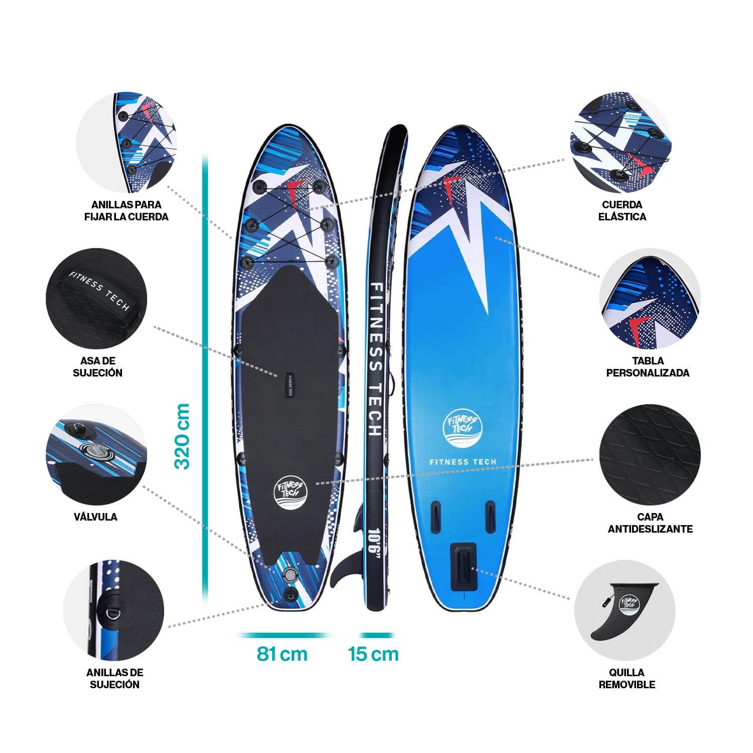 Tabla de paddle surf hinchable con patrón azul, cuerdas, asa, válvula y quilla extraíble.