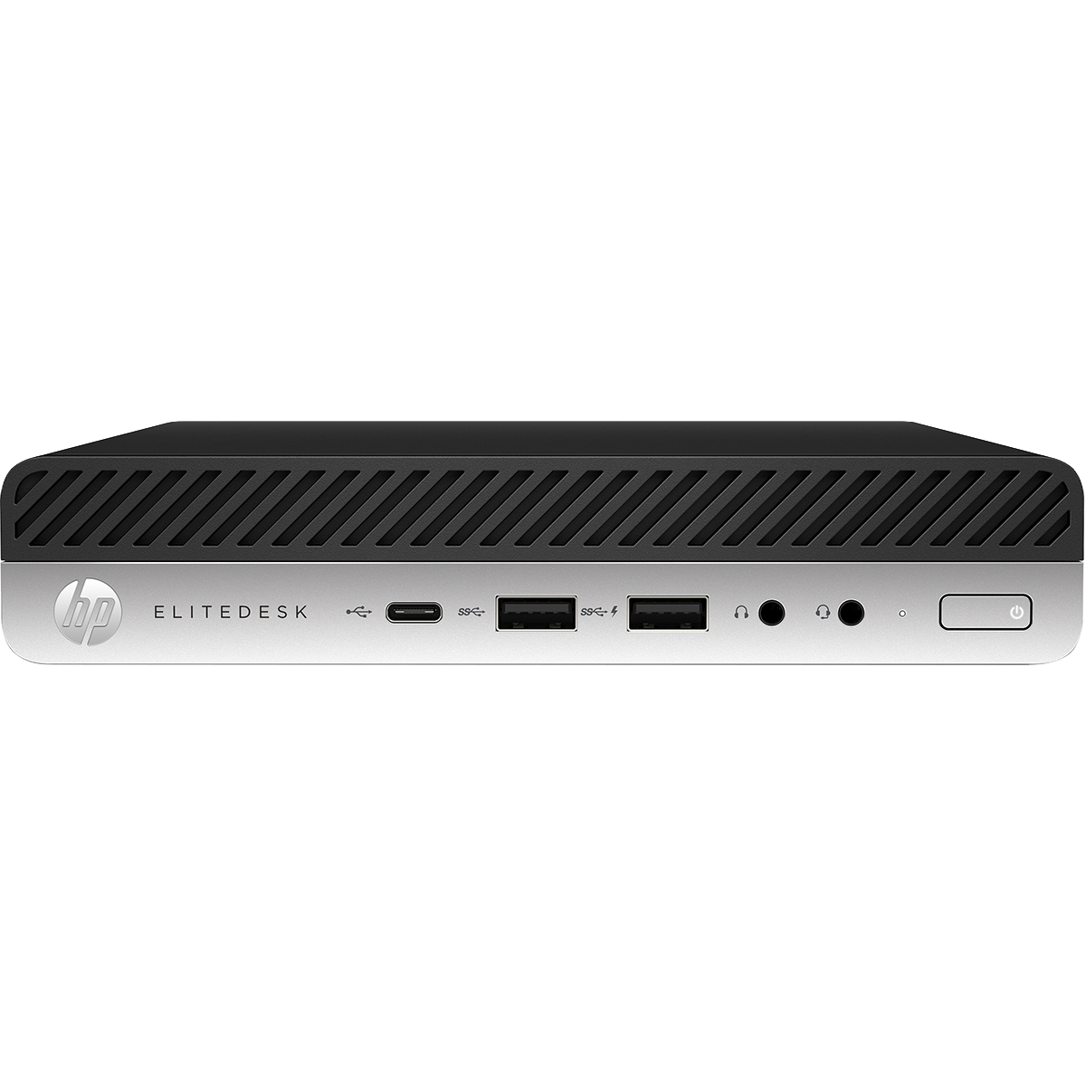 Kompakter HP Elitedesk PC mit USB-C, USB-A Anschlüssen und Audiobuchsen.