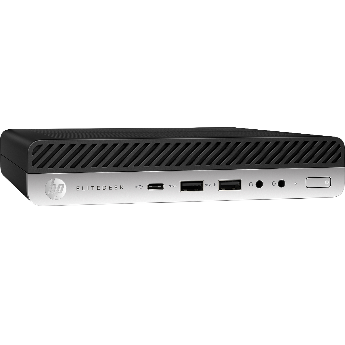 HP Elitedesk Mini-PC Vorderansicht: USB-C, USB-A Anschlüsse, Kopfhörer-/Mikrofonbuchsen, Netzschalter.