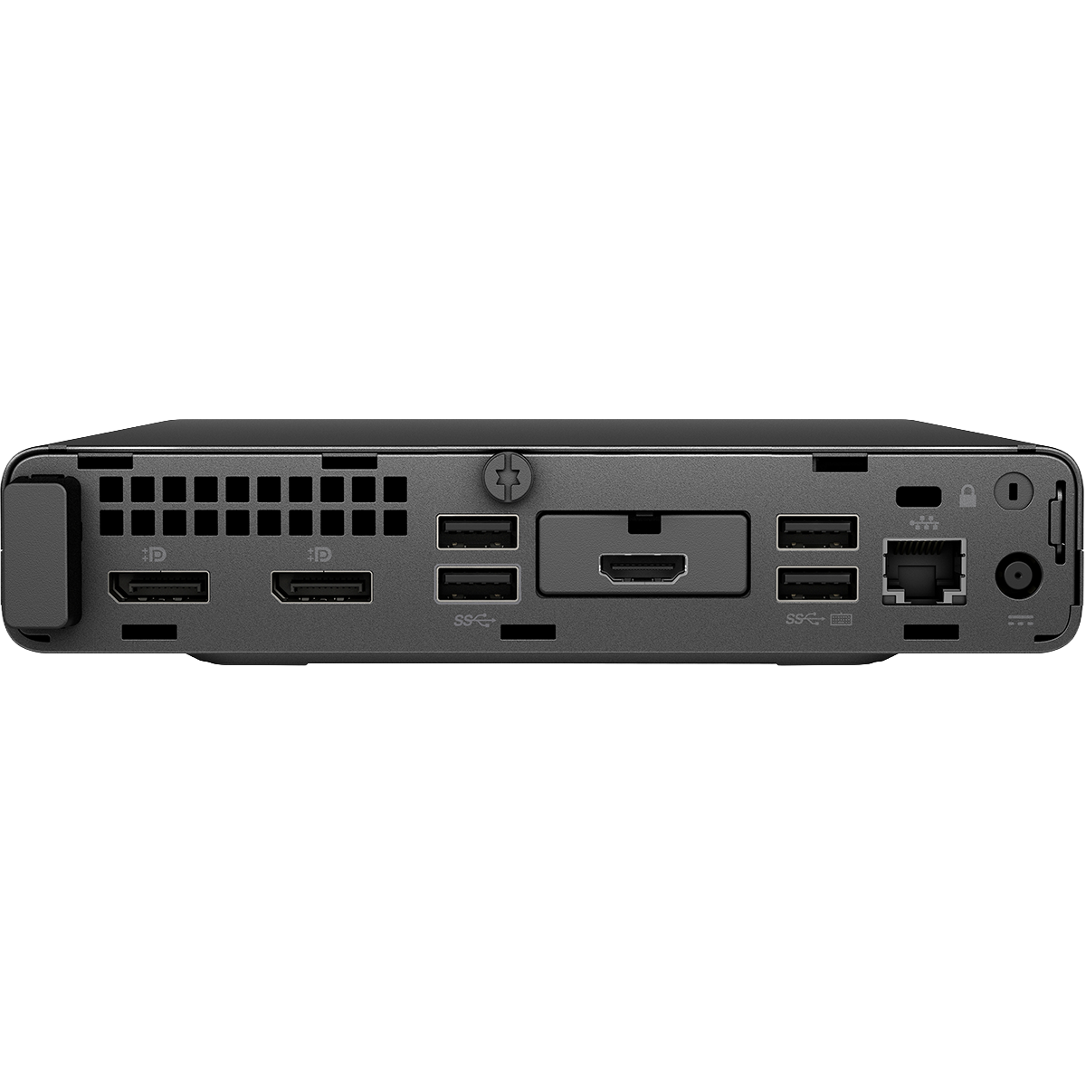 Rückwand eines schwarzen Mini-PCs mit DisplayPort, USB, HDMI, Ethernet und Stromanschlüssen.