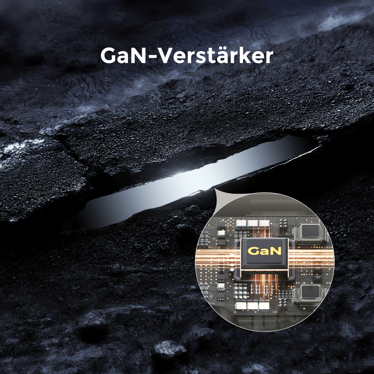 GaN-Verstärker: Detailansicht einer Platine mit GaN-Chip und leuchtenden Leitungen.