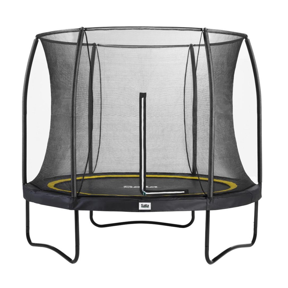 Prostokątny trampolin z czarną siatką zabezpieczającą i żółtym obszyciem.