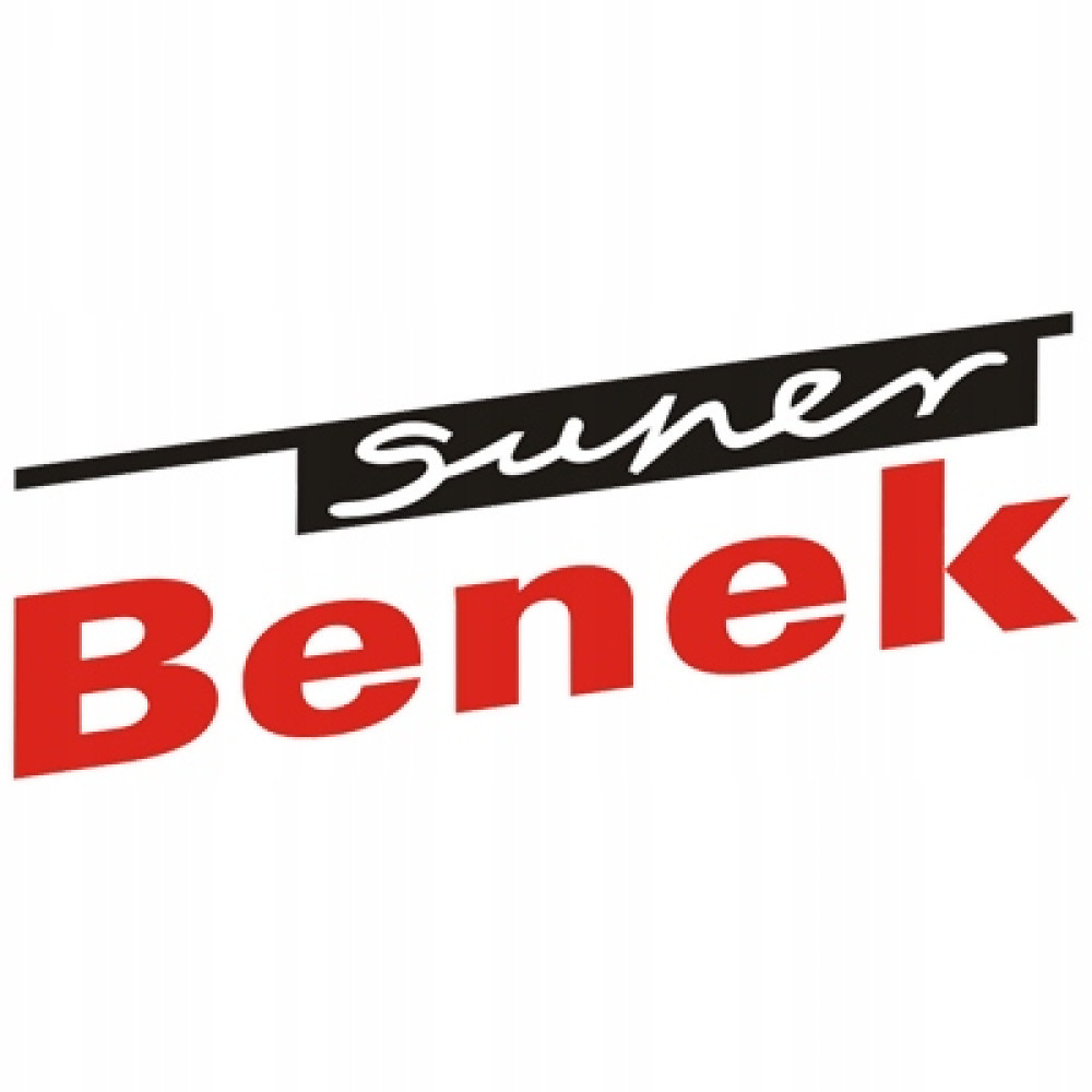 Logo ze słowami 'Super' i 'Benek' w kolorze czerwonym i czarnym na białym.