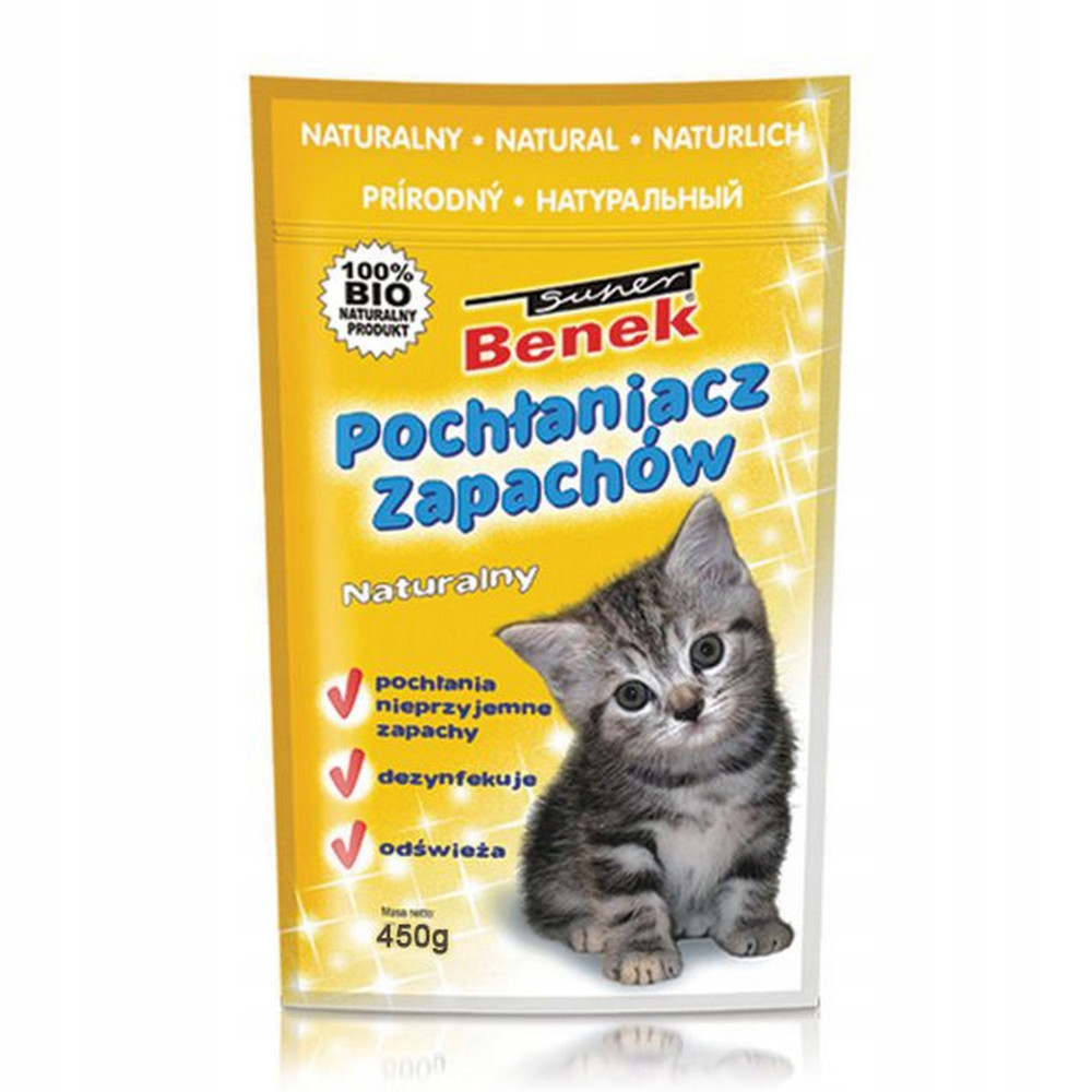 Opakowanie żwirku dla kota z kotkiem i napisem "Pochłaniacz Zapachów".