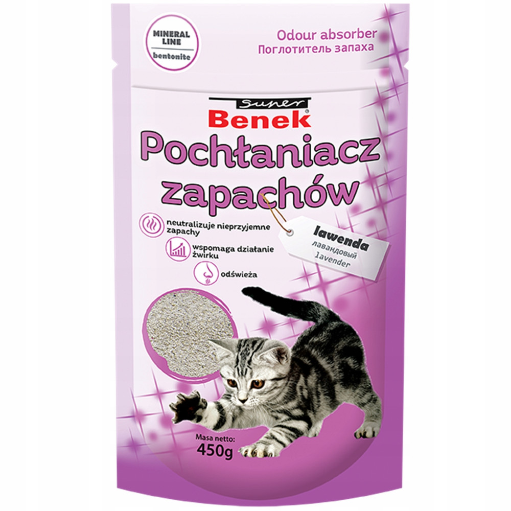 Sacchetto assorbi odori per lettiera per gatti con profumo di lavanda e un gatto.