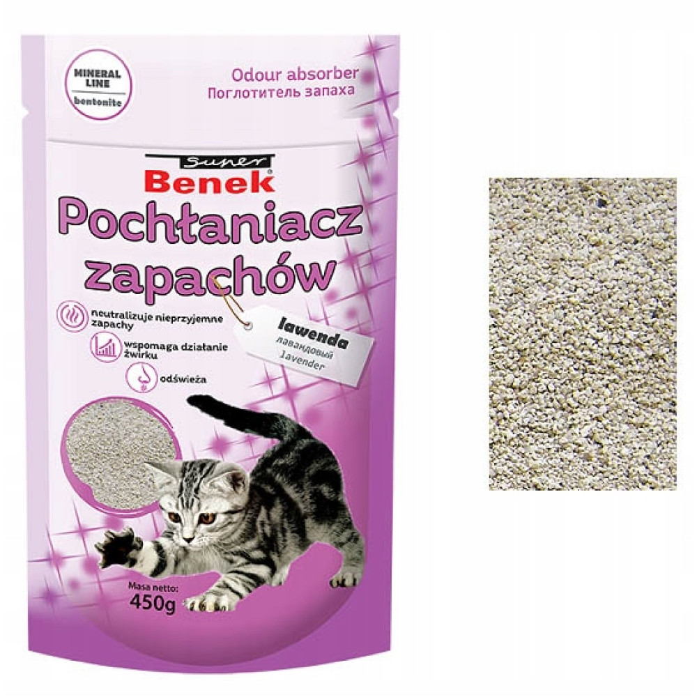 Confezione di lettiera per gatti profumo lavanda, con un gattino. Primo piano della lettiera accanto.