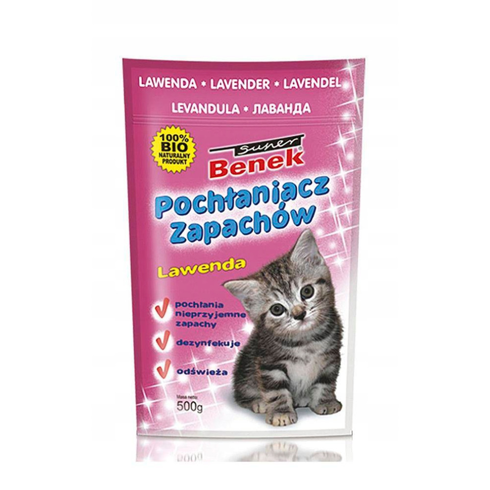 Una confezione di Benek assorbi odori al profumo di lavanda con l'immagine di un gattino.