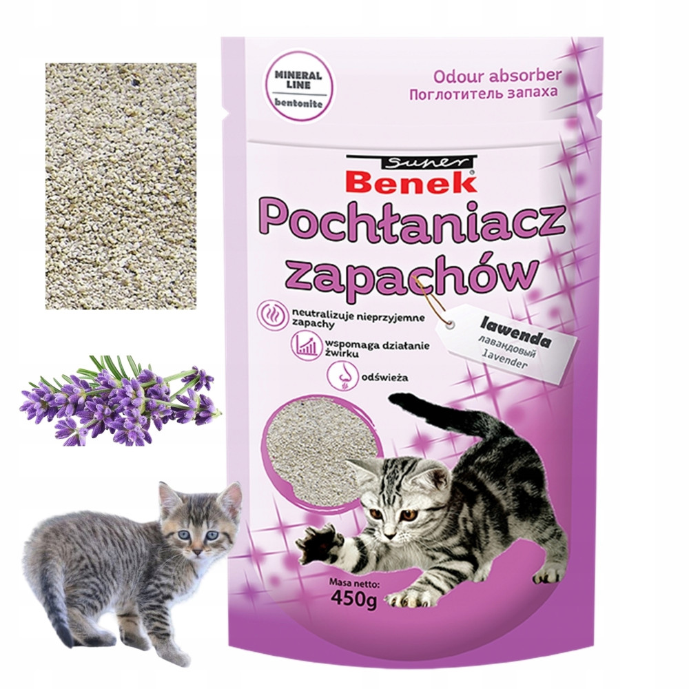 Confezione di lettiera per gatti con gatto, lavanda e granuli.