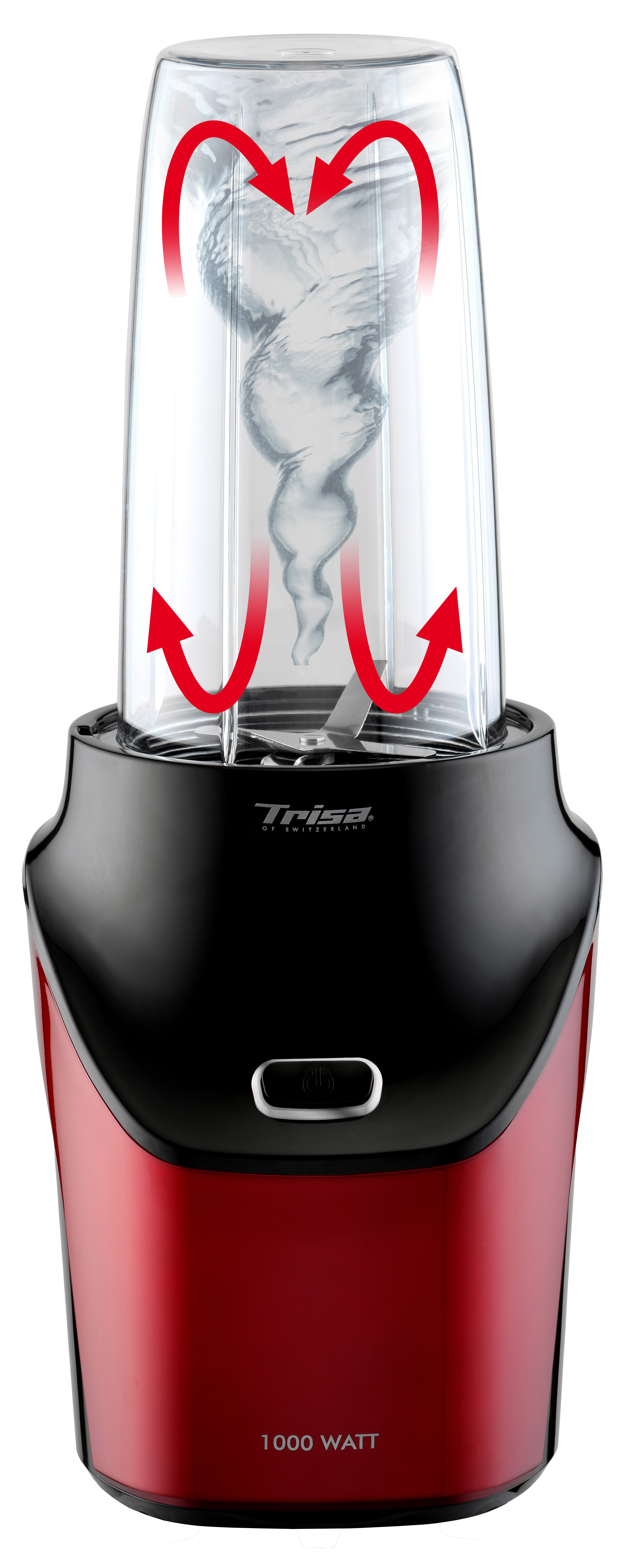 Ein roter Standmixer mit schwarzem Deckel, der Wasser mit roten Pfeilen verwirbelt.