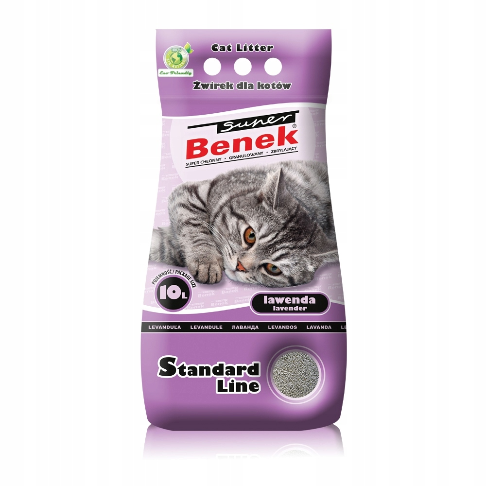 Sacchetto viola di lettiera per gatti con un gatto soriano grigio e profumo di lavanda.