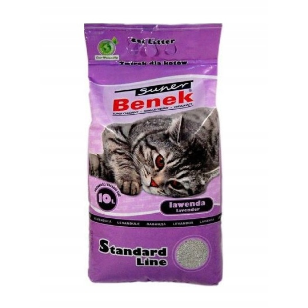 Busta viola di lettiera per gatti con un gatto soriano, profumo lavanda.