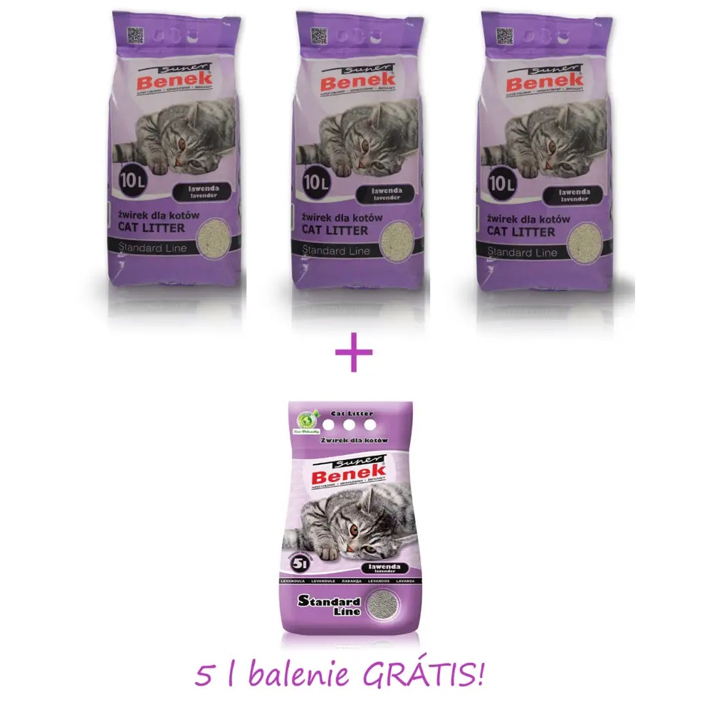 Tre sacchi da 10L e un sacco da 5L di lettiera per gatti Benek alla lavanda.