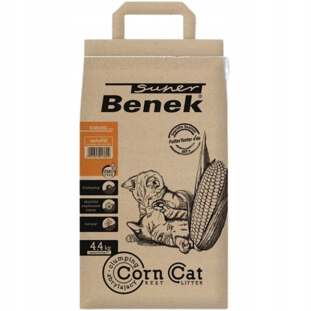 Żwirek Benek Corn Cat, 4,4 kg, z ilustracją kociaka i kolby kukurydzy.
