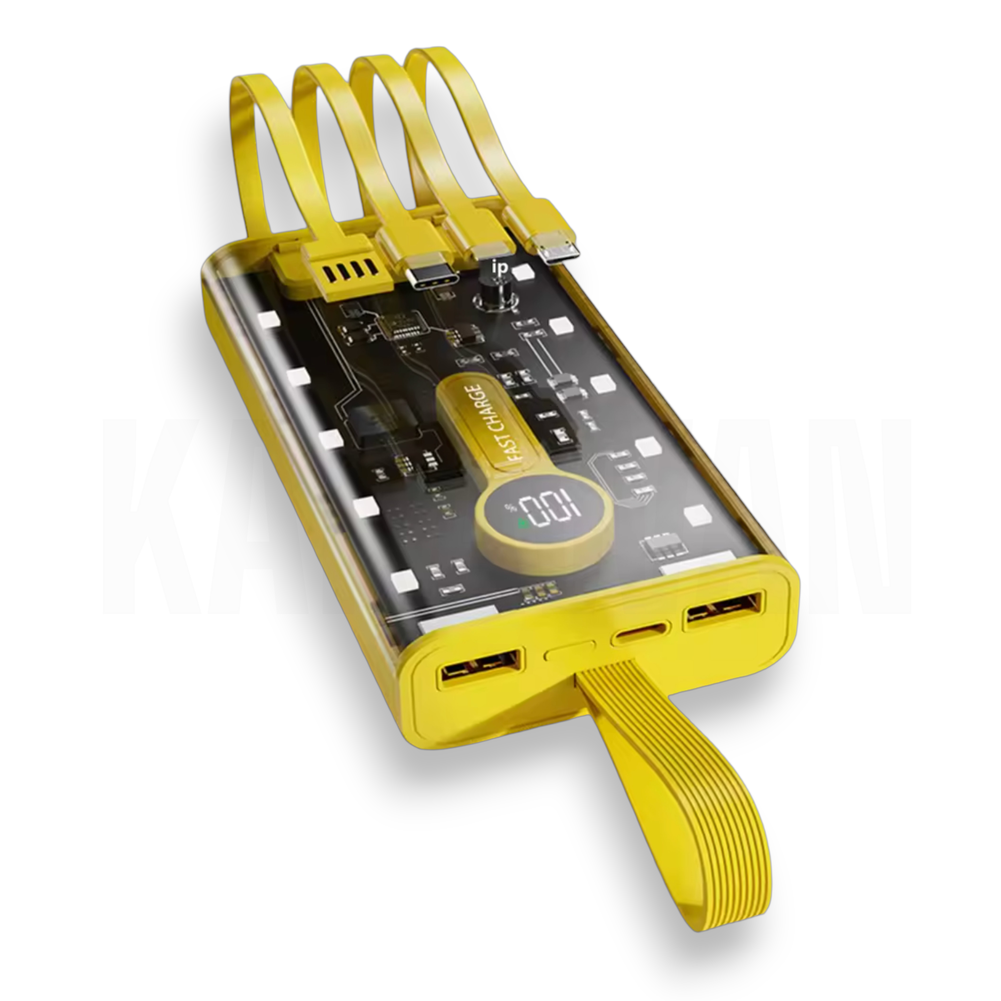Batería externa amarilla con varios cables y puertos USB, mostrando 100%.