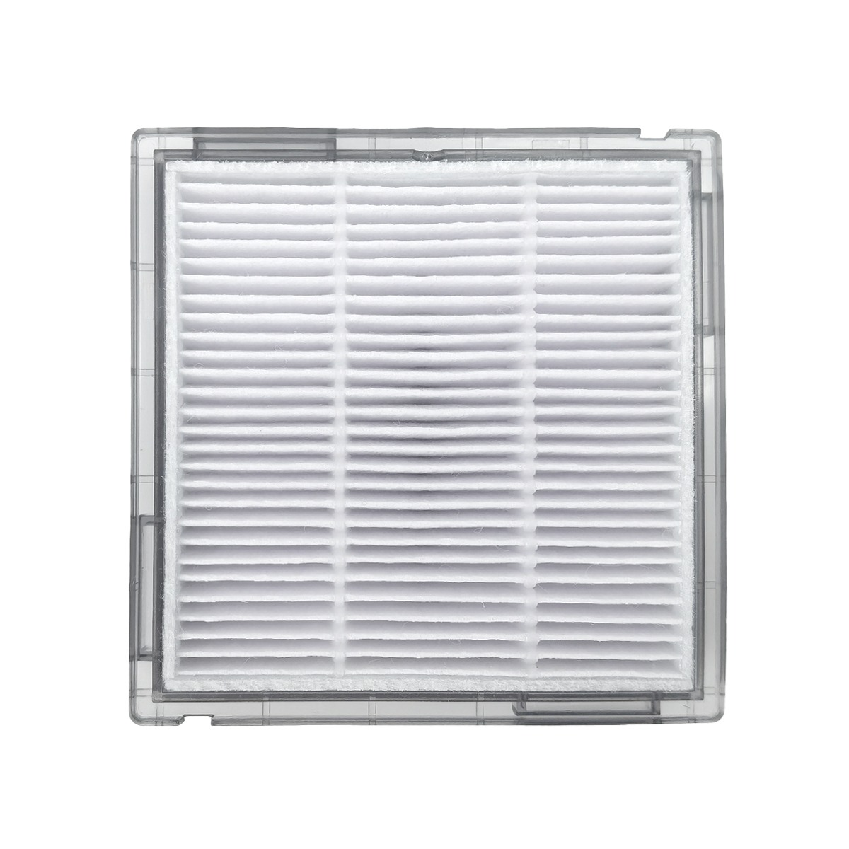 Een wit HEPA-filter met een transparant frame, op witte achtergrond.