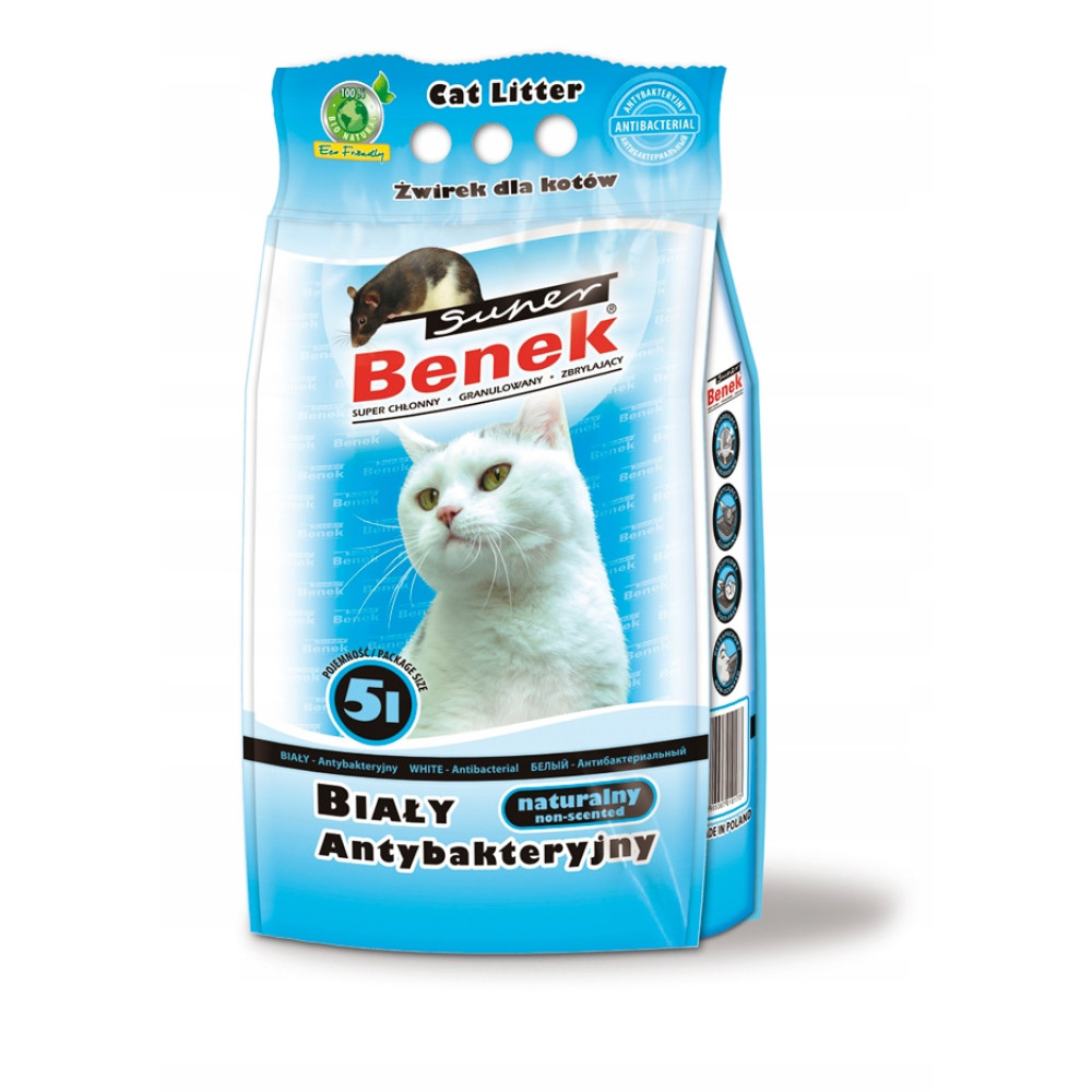 Una confezione di lettiera per gatti con un gatto bianco e un topo. Schema di colori bianco e blu.