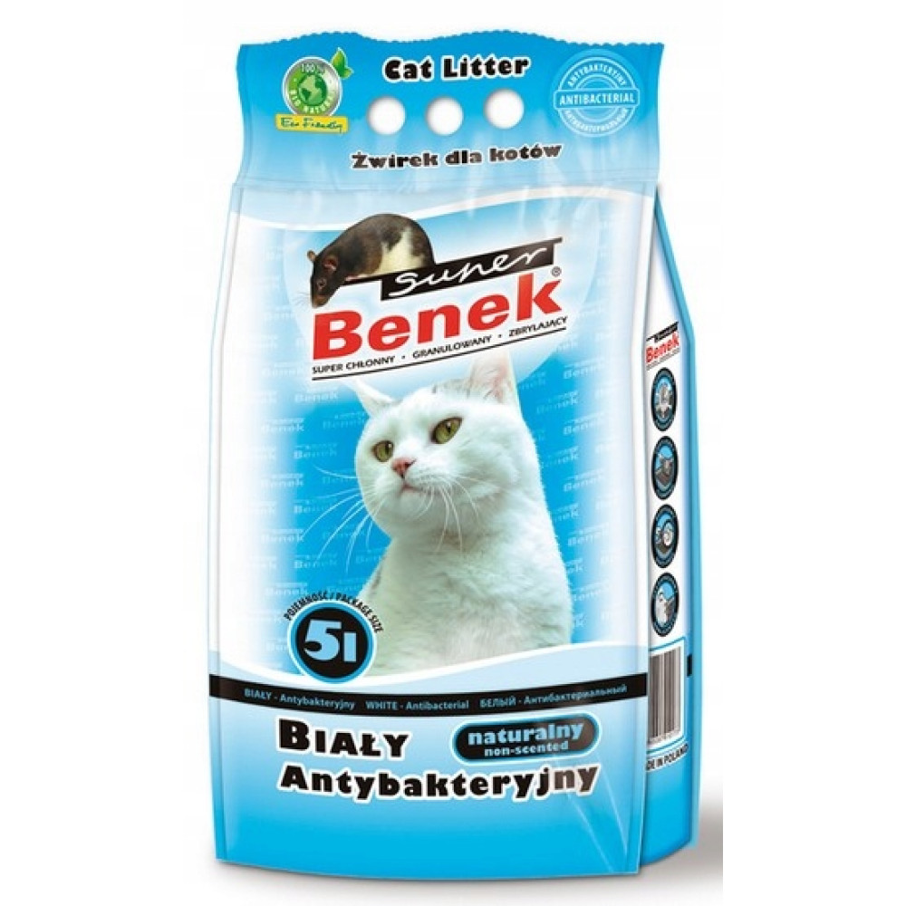 Un sacco di lettiera per gatti con un gatto bianco e un topo sopra.
