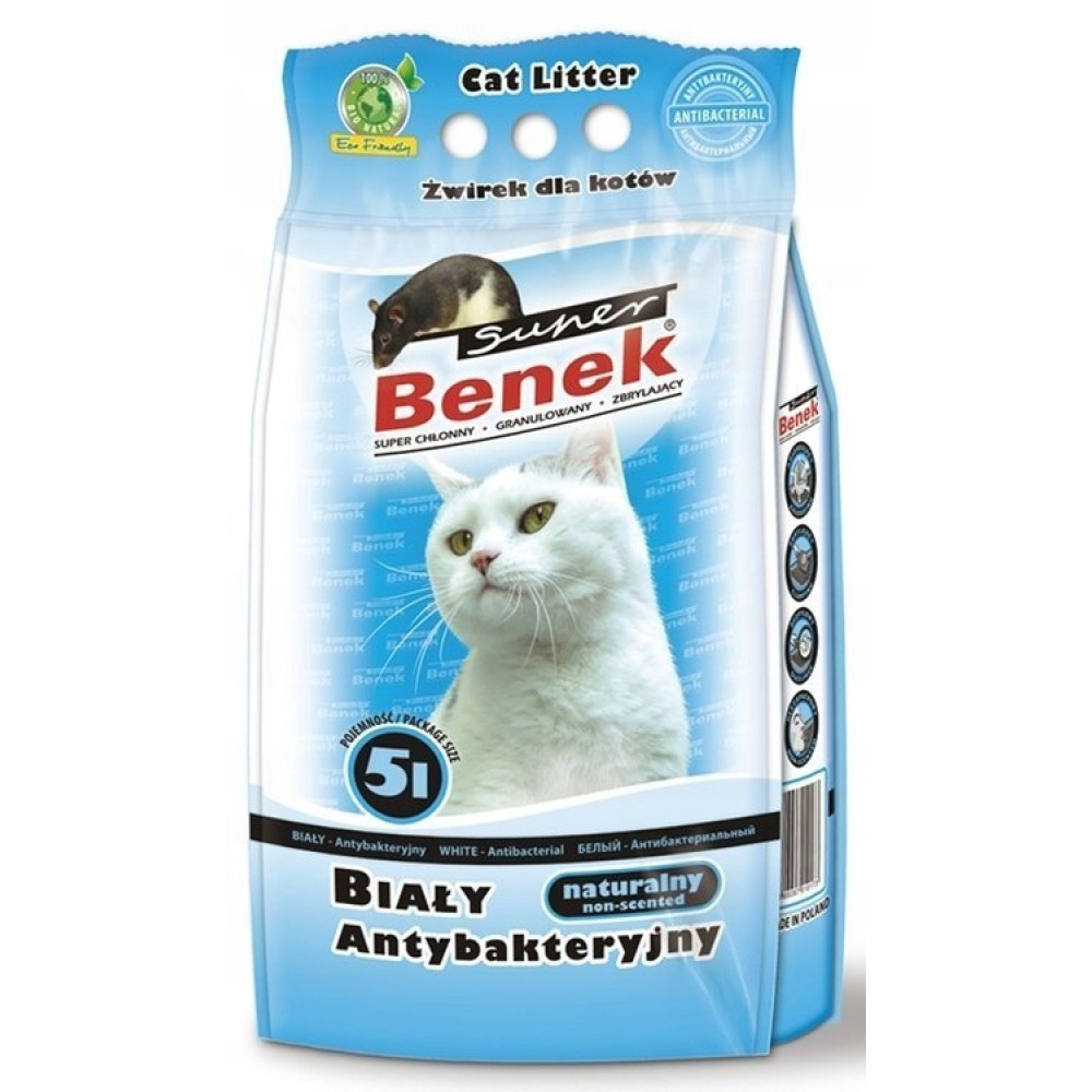 Sacchetto di lettiera per gatti con illustrazione di gatto bianco e topo, logo 'Benek'.
