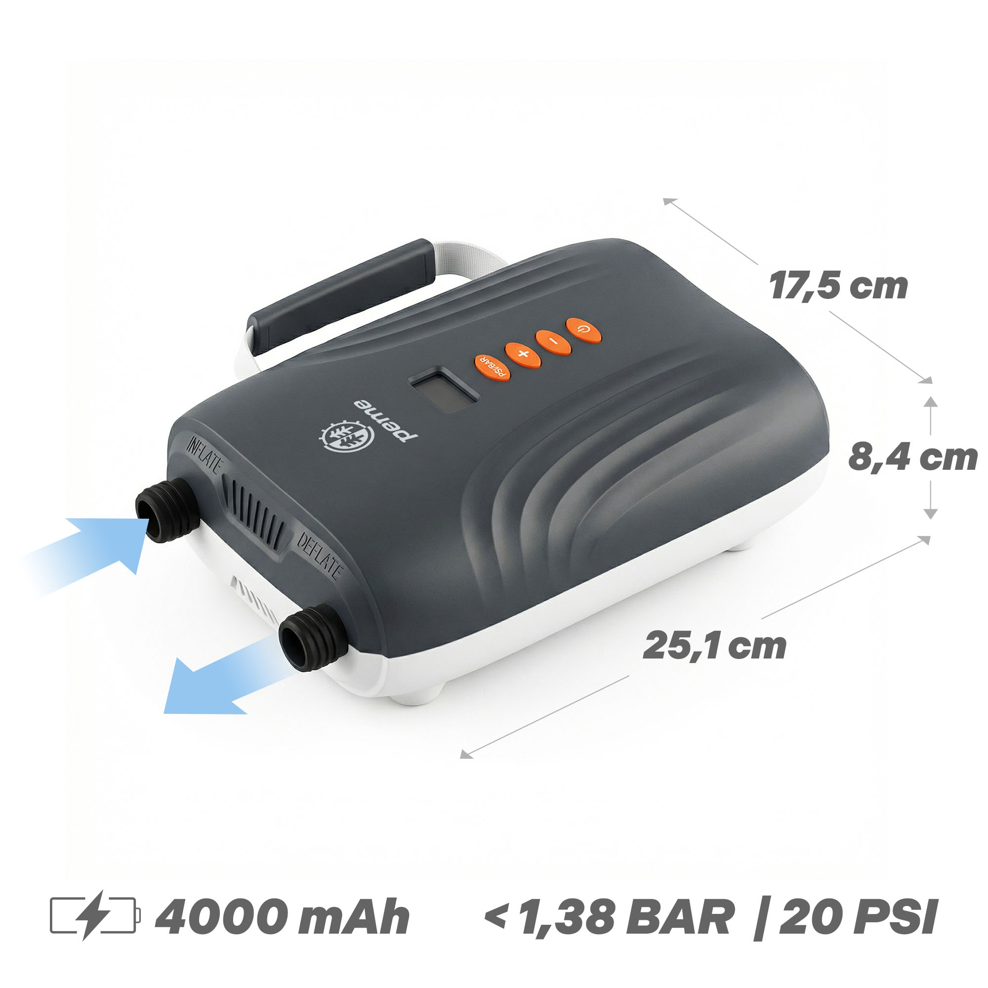 Un compressore d'aria portatile scuro con display, manico e pulsanti arancioni.