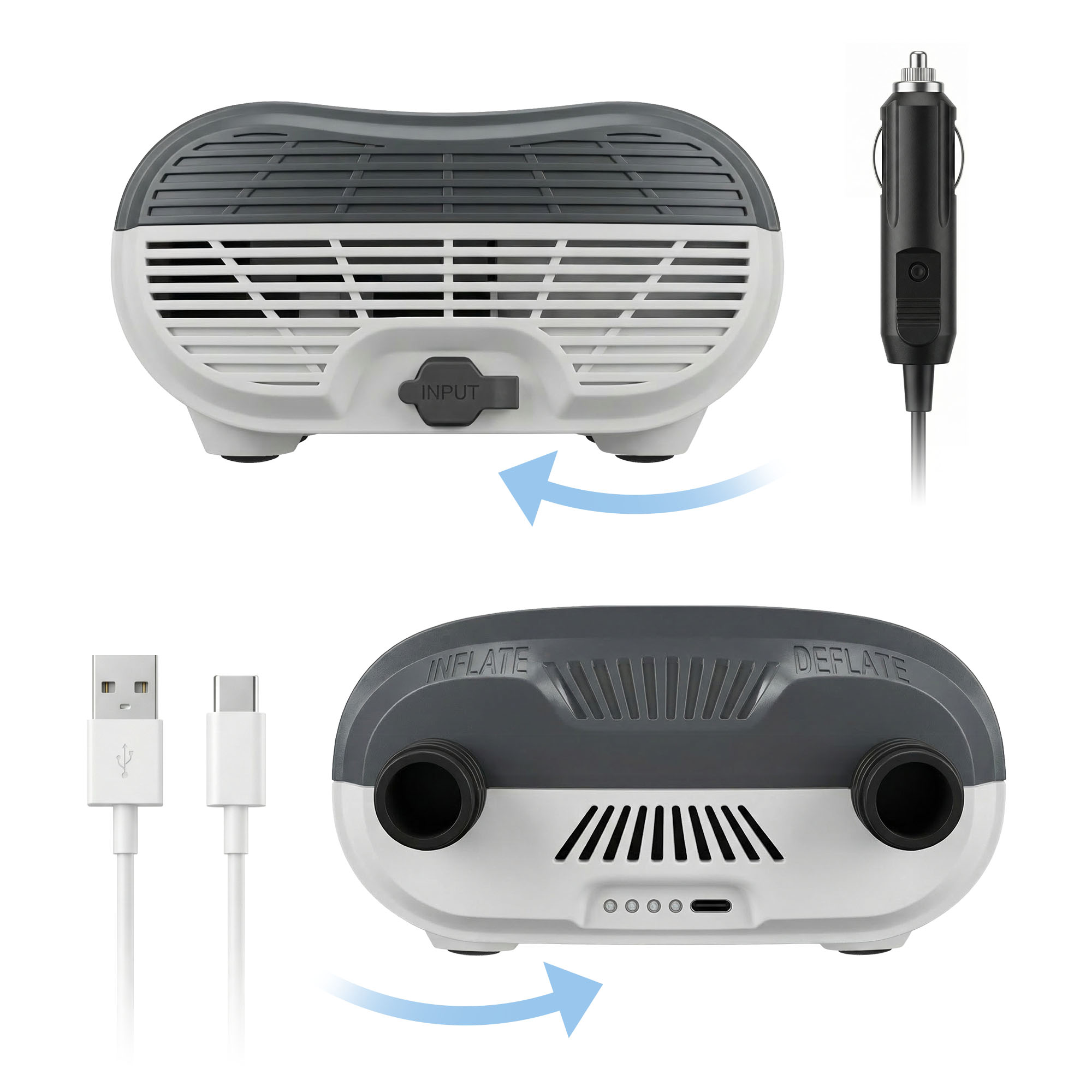 Un dispositivo gonfiabile con cavi USB e spina per auto.