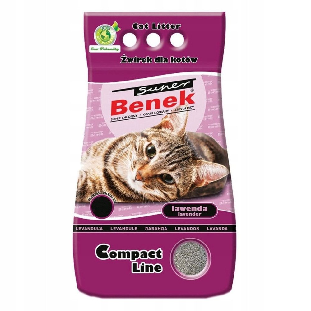 Worek żwirku dla kotów z kotem i napisem Benek Compact Line Lawenda.