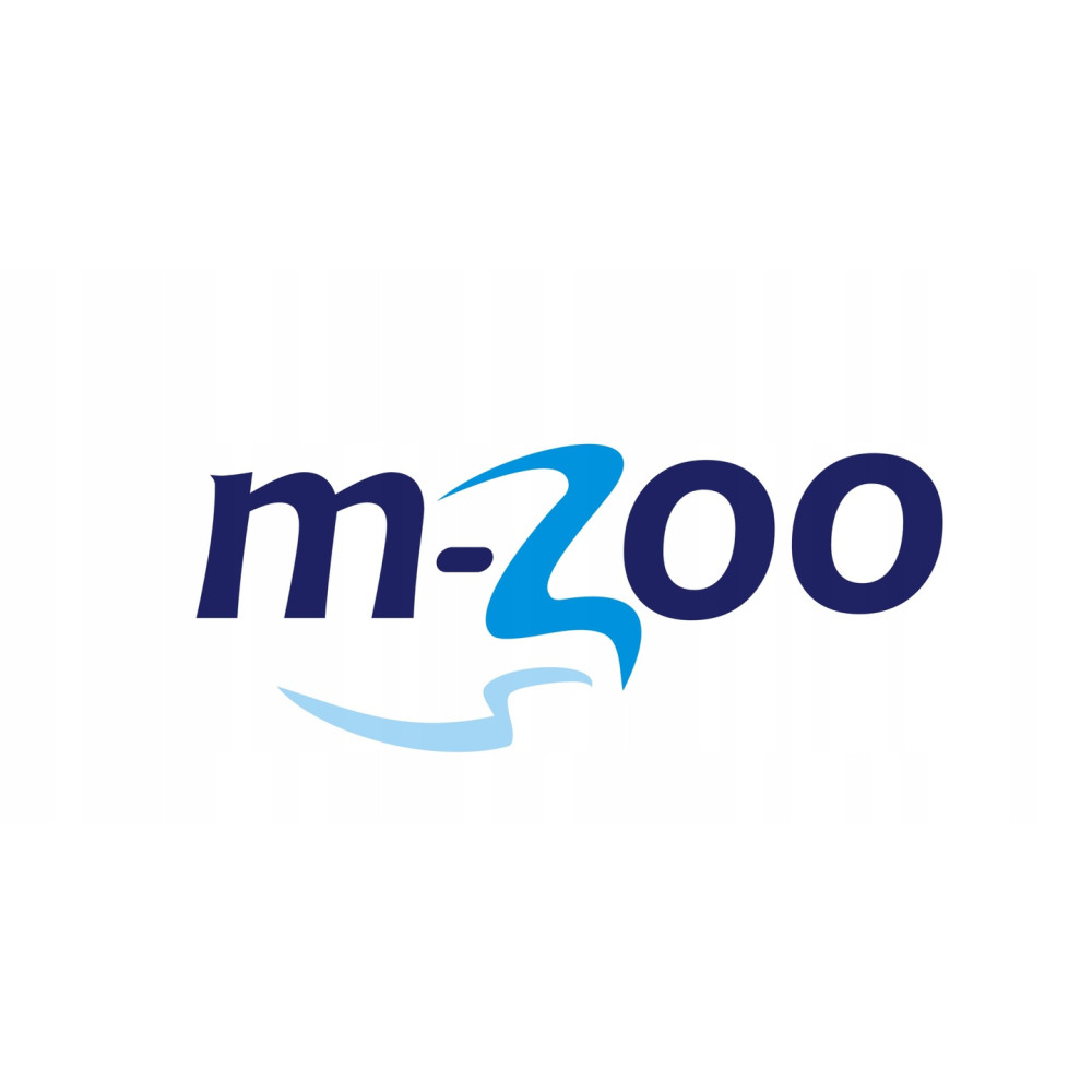 Logo przedstawia 'm-zoo' w ciemnoniebieskim kolorze z niebieskim zamachem.