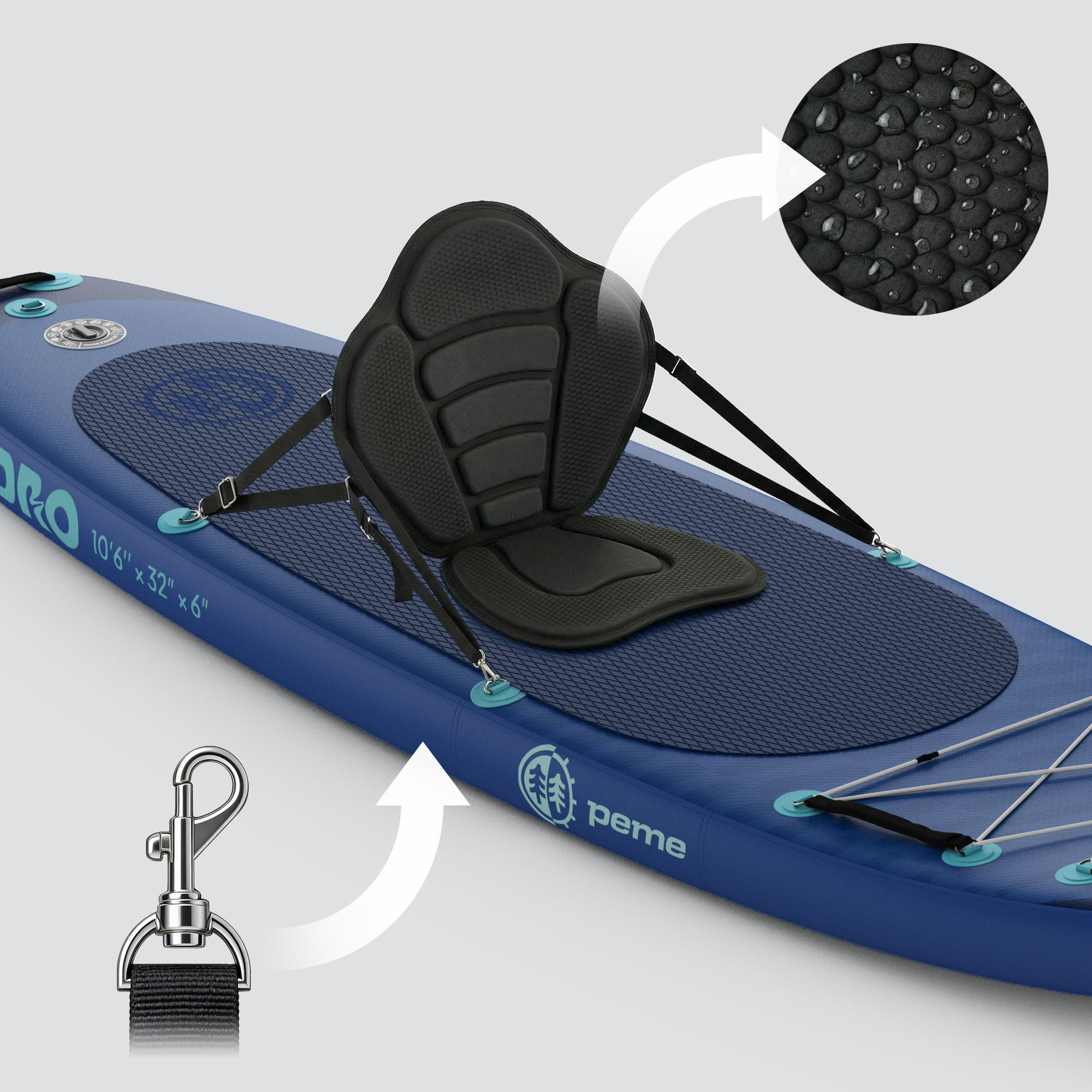 Una tabla de paddle azul con asiento negro, anillas en D y un mosquetón.