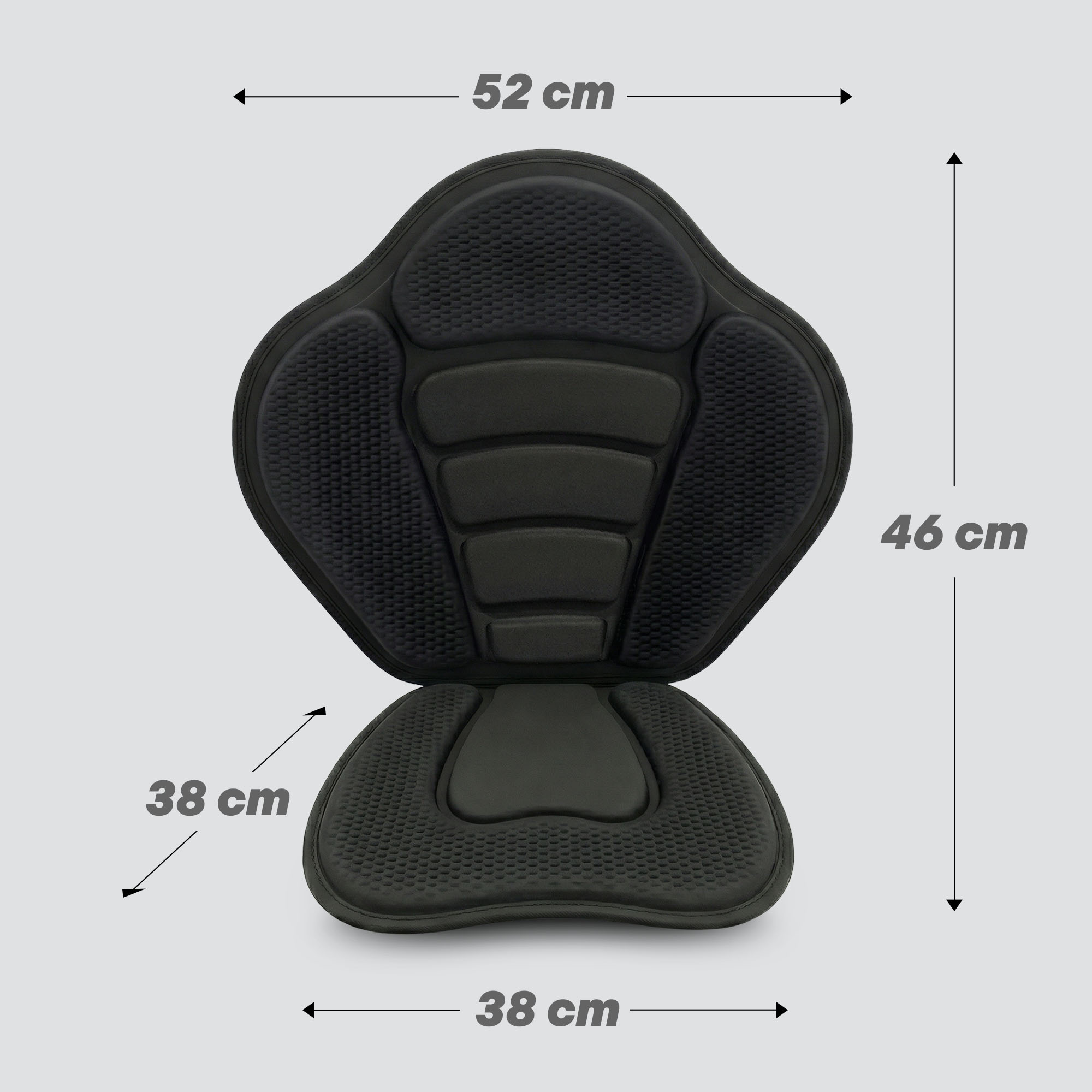 Asiento de kayak negro con dimensiones de 52x46 cm y 38 cm de ancho.