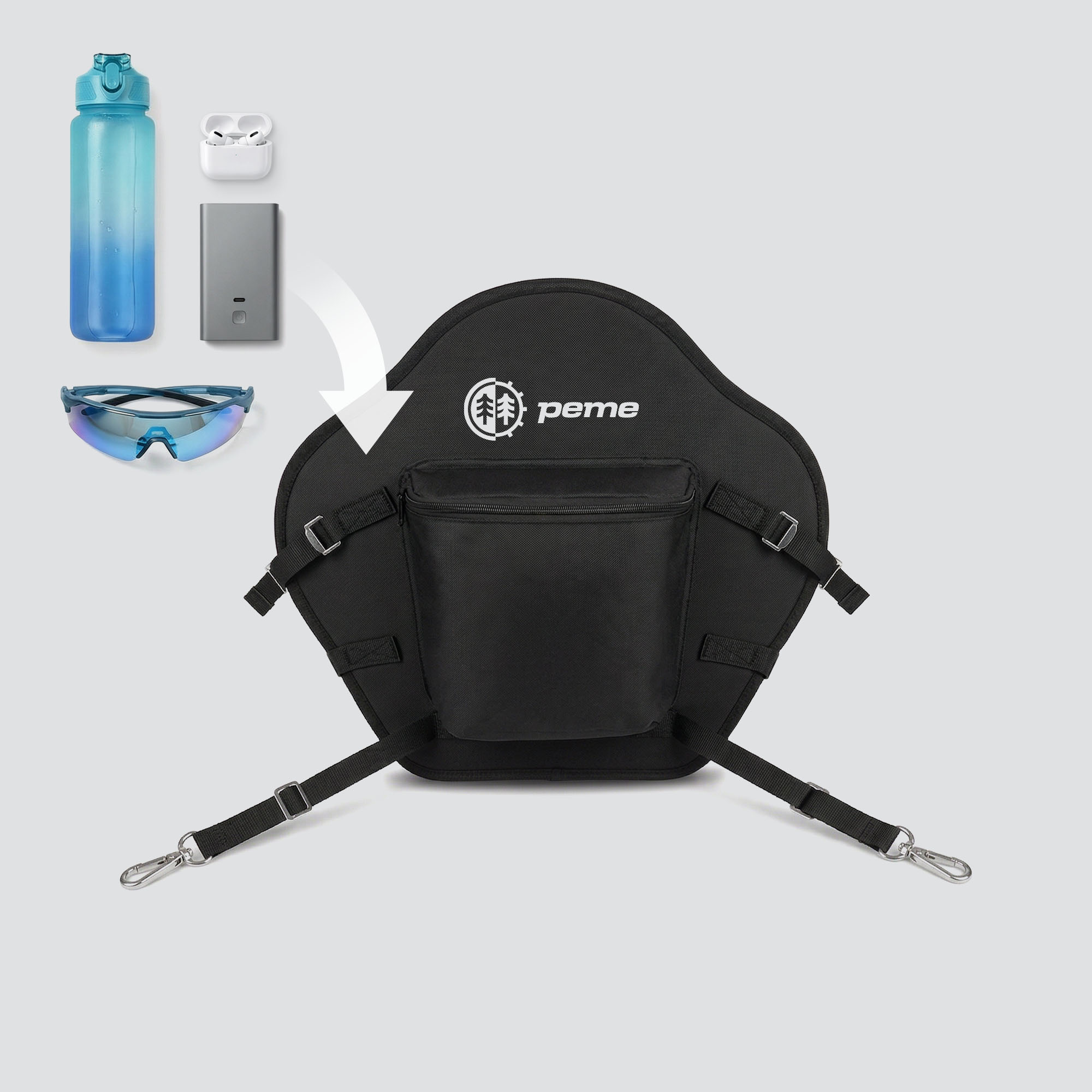 Botella de agua azul, auriculares, batería externa, gafas y bolsa negra.