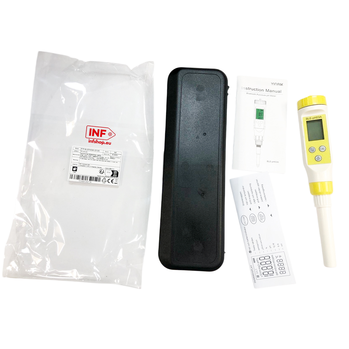 Miernik pH z akcesoriami, w tym etui, instrukcją i opakowaniem. Białe tło.