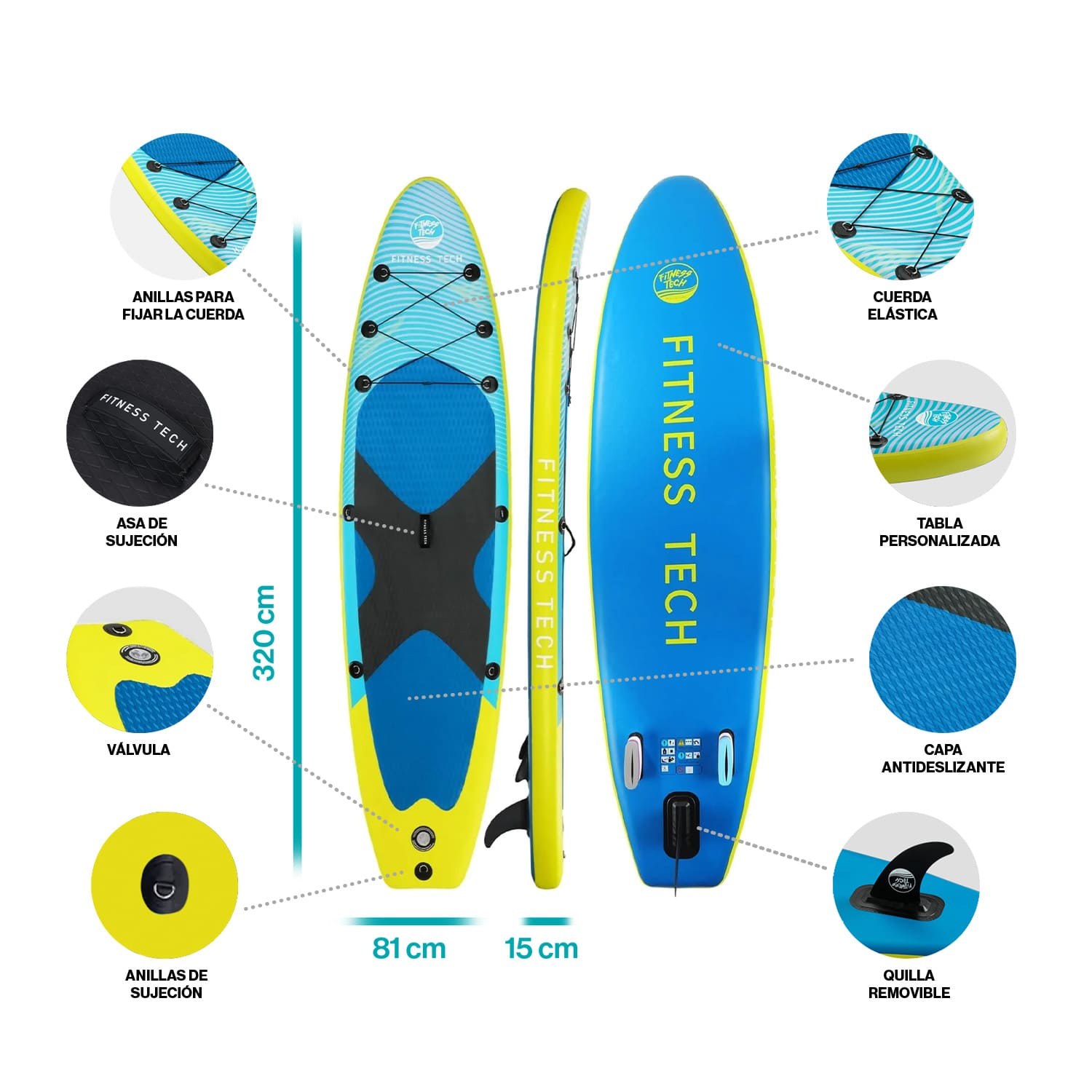 Tabla de paddle surf inflable azul y amarilla con detalles y componentes mostrados.