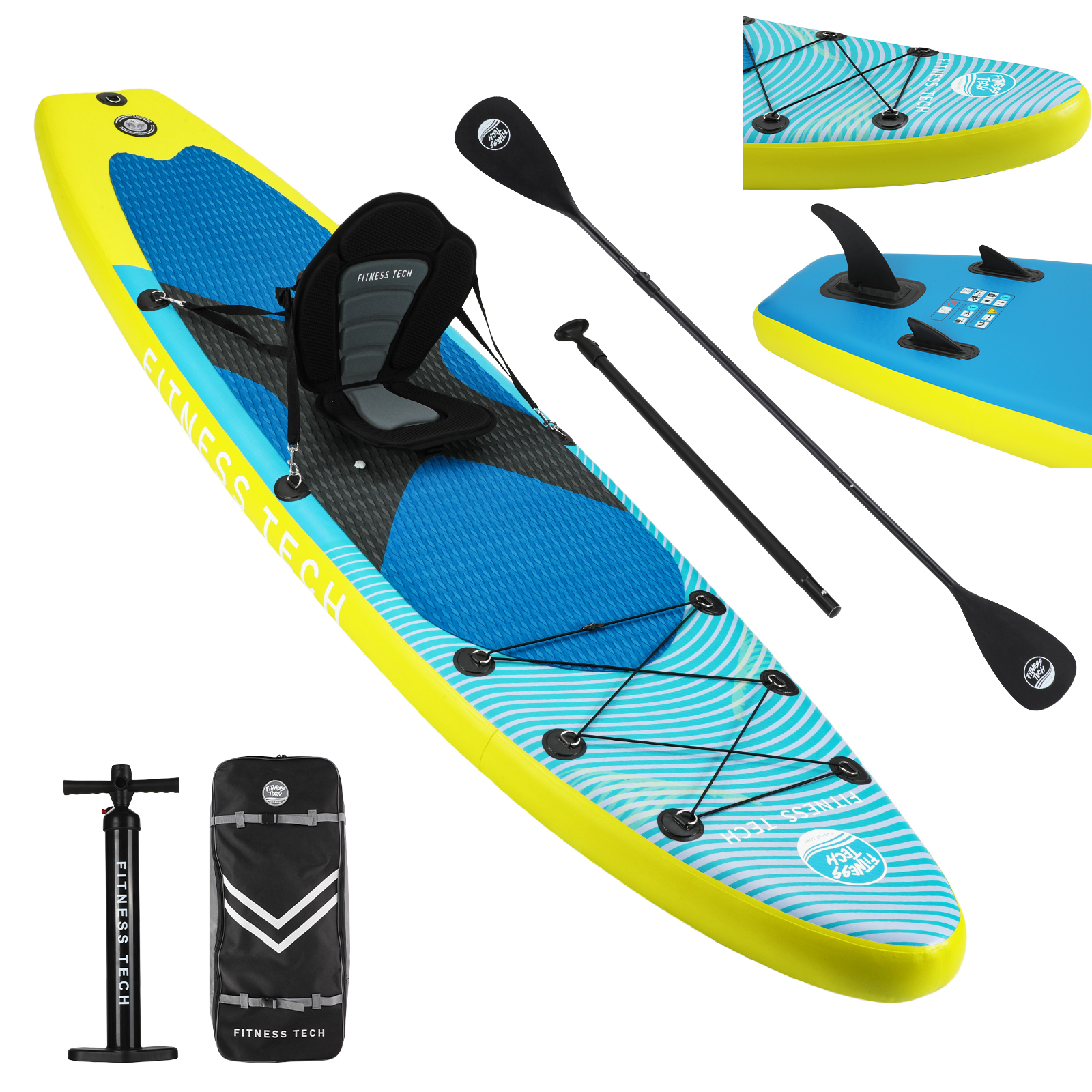 Tabla de SUP inflable con asiento, remo, bomba y bolsa en amarillo, azul y negro.