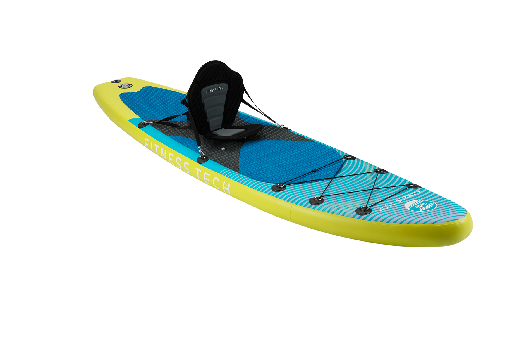 Tabla de paddle surf amarilla con parte superior azul y gris, asiento y cuerdas.