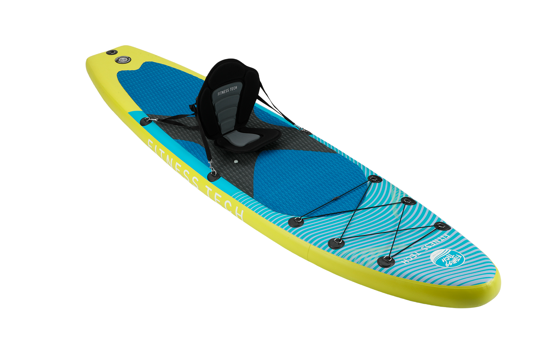 Tabla de paddle surf amarilla con patrón azul y negro y asiento desmontable.