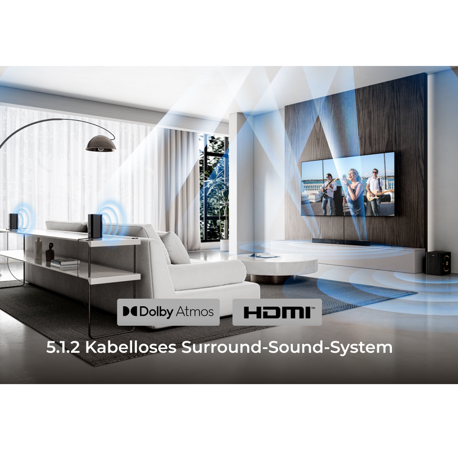 Wohnzimmer mit Dolby Atmos, HDMI und 5.1.2 Kabellosem Surround-System.