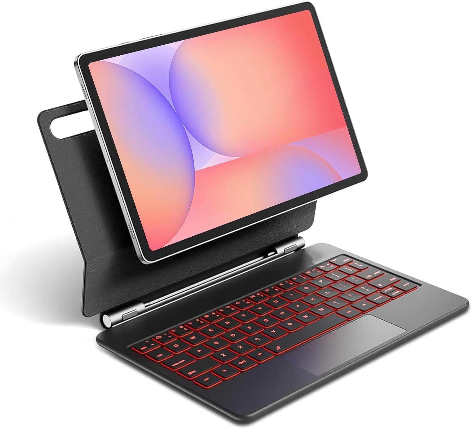 Ein silbernes Tablet mit schwarzer Tastaturhülle. Der Bildschirm zeigt abstrakte bunte Formen.