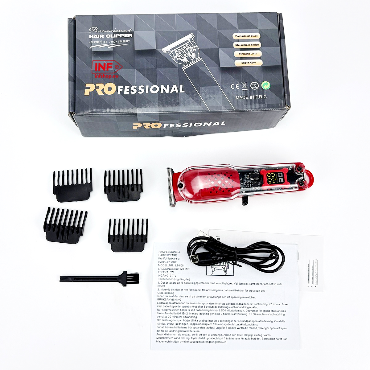 Ein roter Haarschneider mit digitalem Display, Kammaufsätzen, Bürste und USB-Kabel.