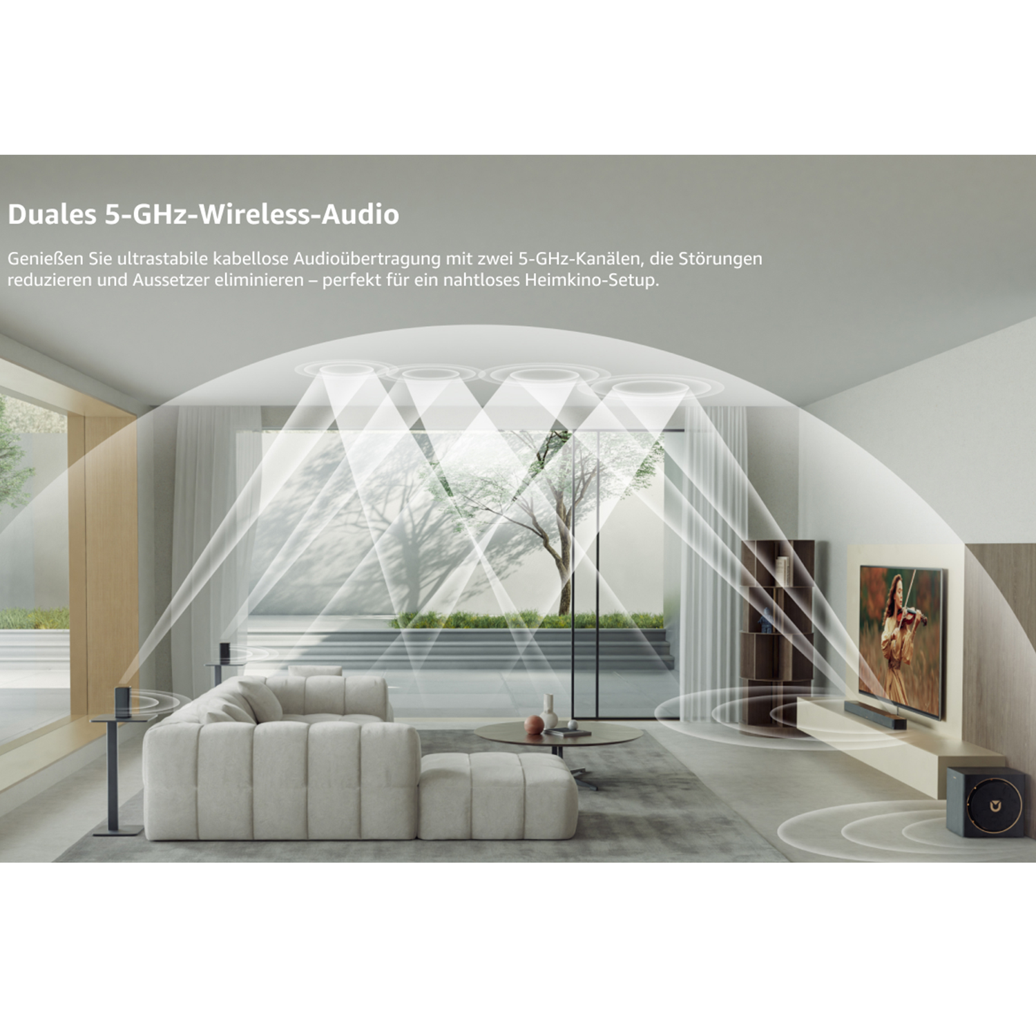 Sala de estar moderna con sofá, TV y altavoces emitiendo audio de 5 GHz.