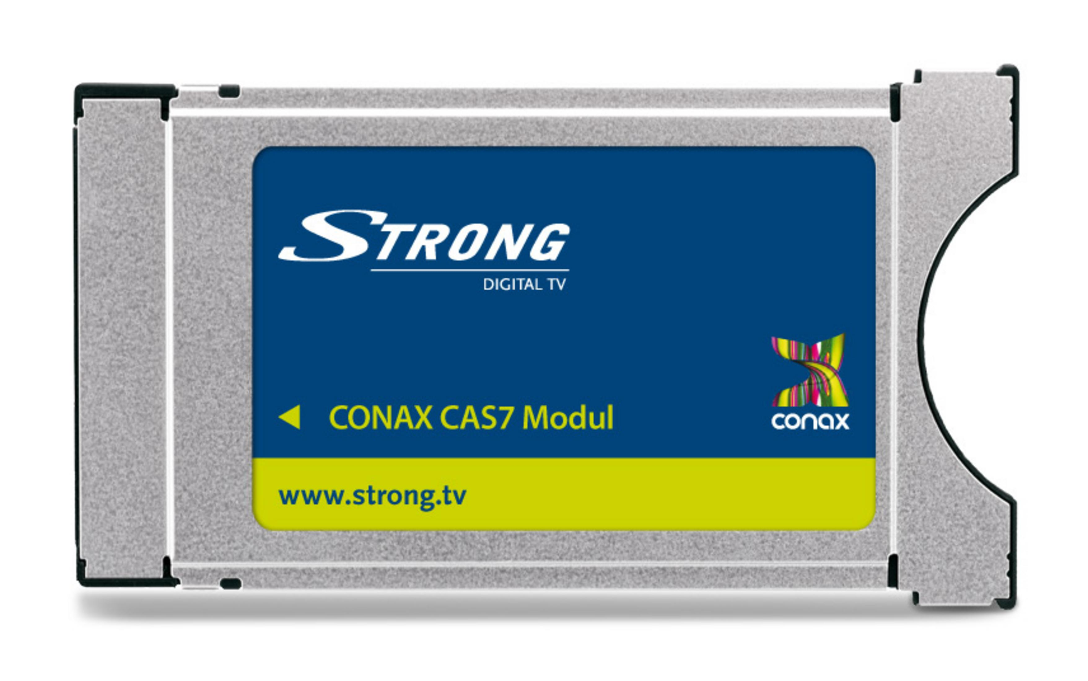 Ein silbernes Modul mit blauer und gelber Vorderseite, mit "STRONG DIGITAL TV" und "CONAX CAS7 Modul".