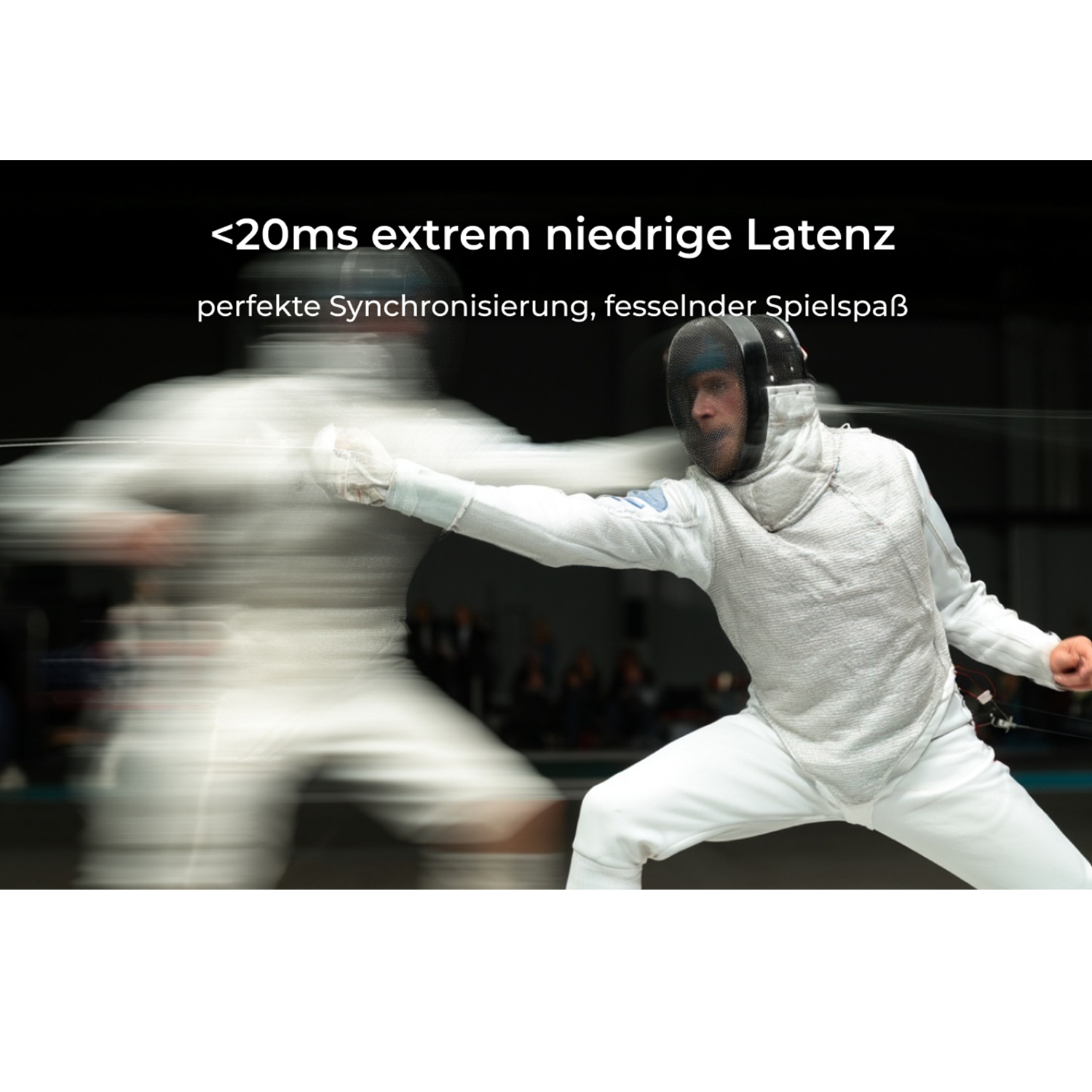 Dwóch szermierzy w akcji, jeden rozmazany, drugi ostry.