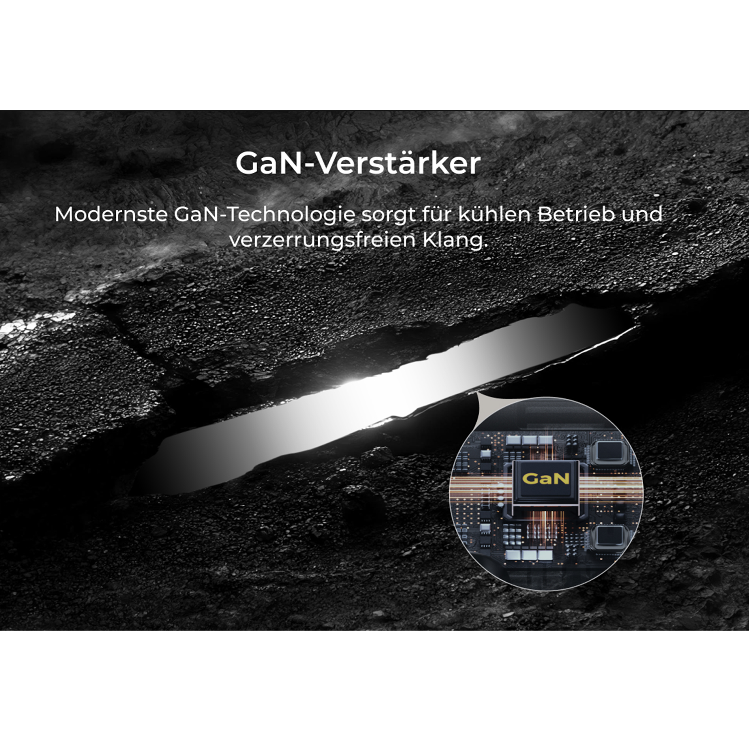 GaN-Verstärker mit Chip-Nahaufnahme vor dunklem, felsigem Hintergrund.